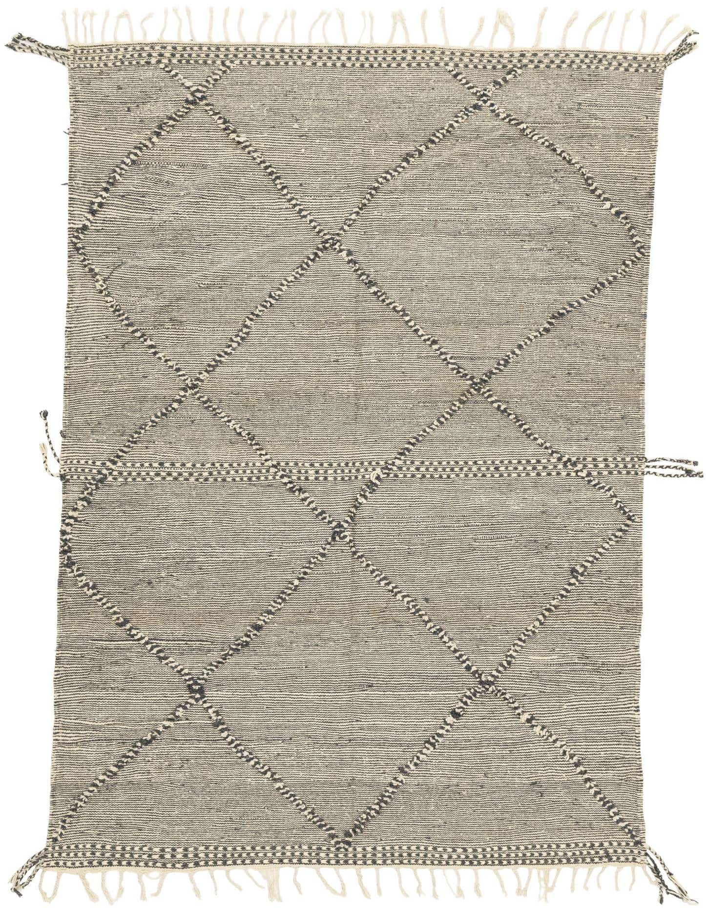 A 7x10 rectangular gray wool shag rug featuring a tribal diamond pattern and fringe tassels.