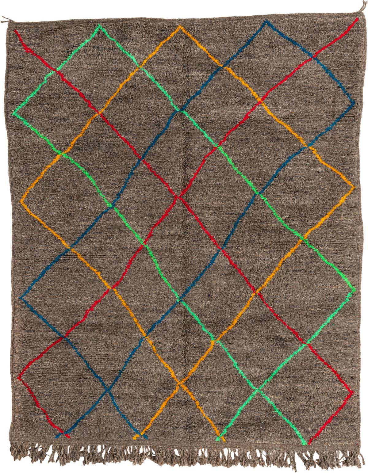 A 6x9 rectangular gray shag rug with a vibrant, colorful diamond lattice pattern in red, green, blue, and orange.