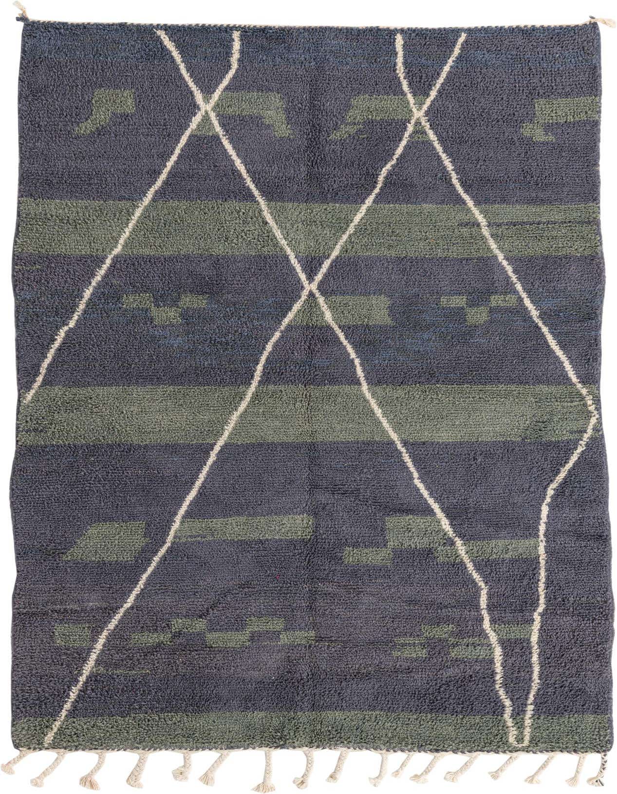 A 5x8 rectangular gray shag rug with a modern tribal pattern, featuring intersecting white diamond lines and green abstract shapes.