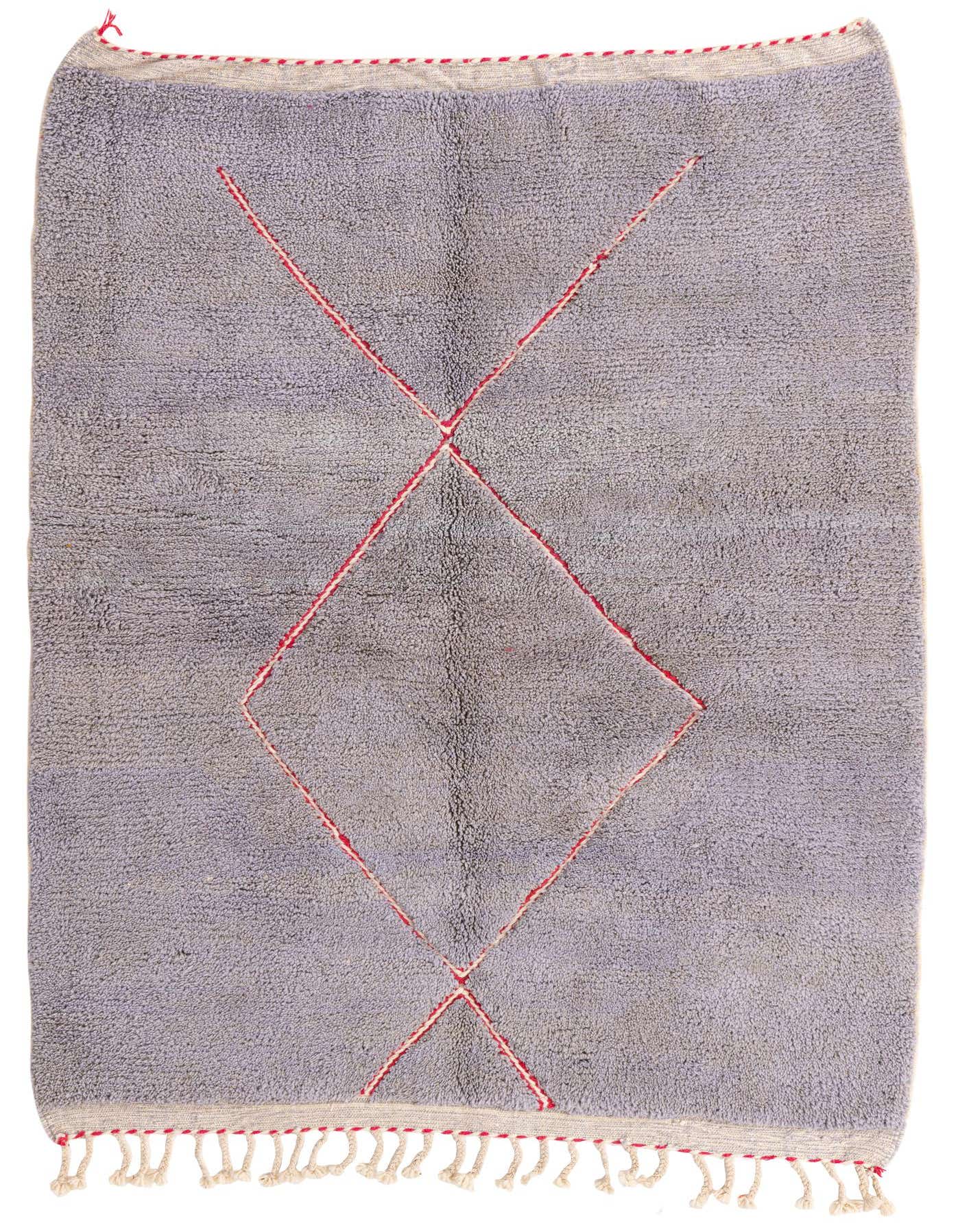 A 6x9 rectangular gray shag rug with a red tribal diamond pattern and fringe, suitable for a living room.