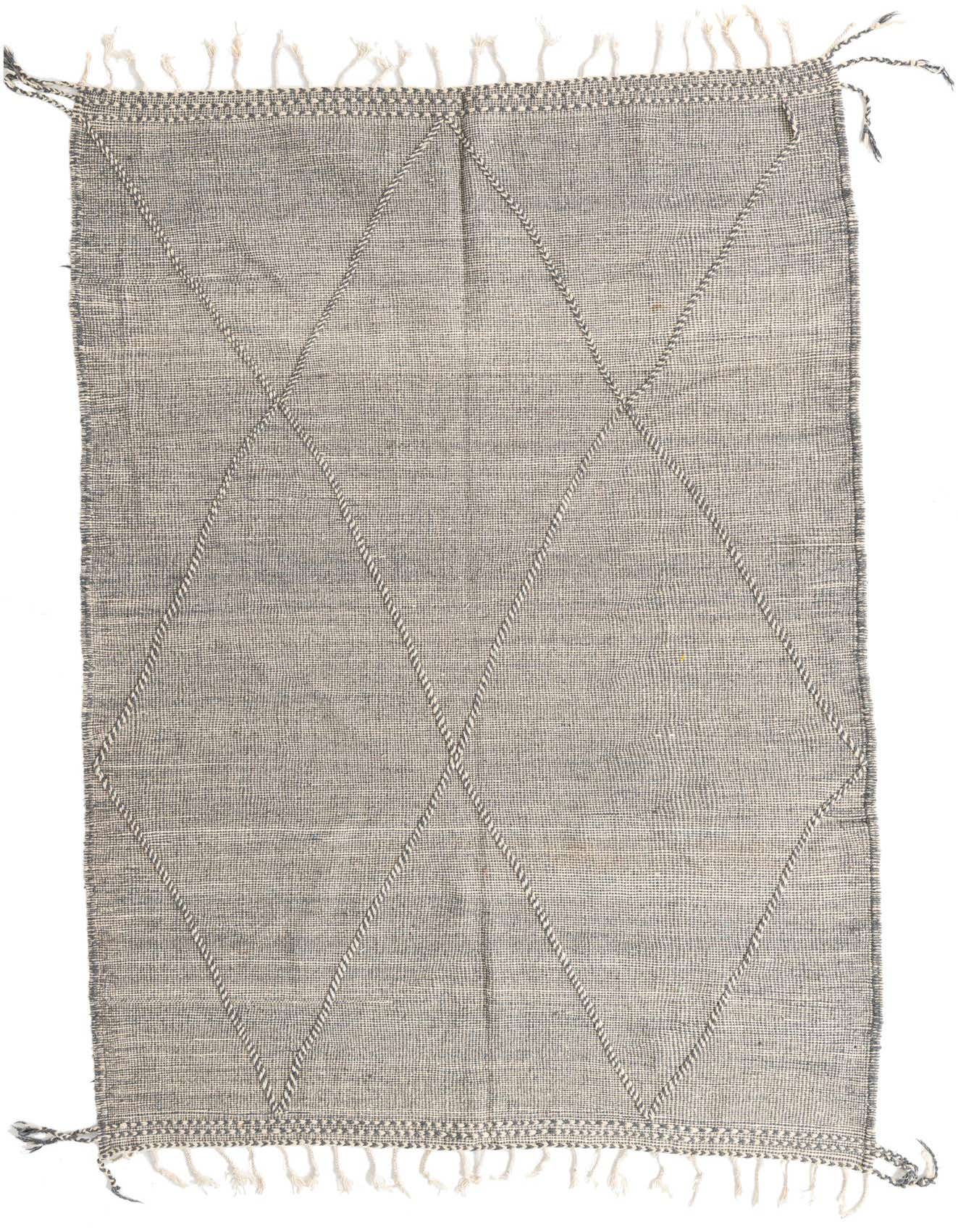 A 6x9 rectangular gray wool shag rug with a modern tribal diamond pattern and fringe.