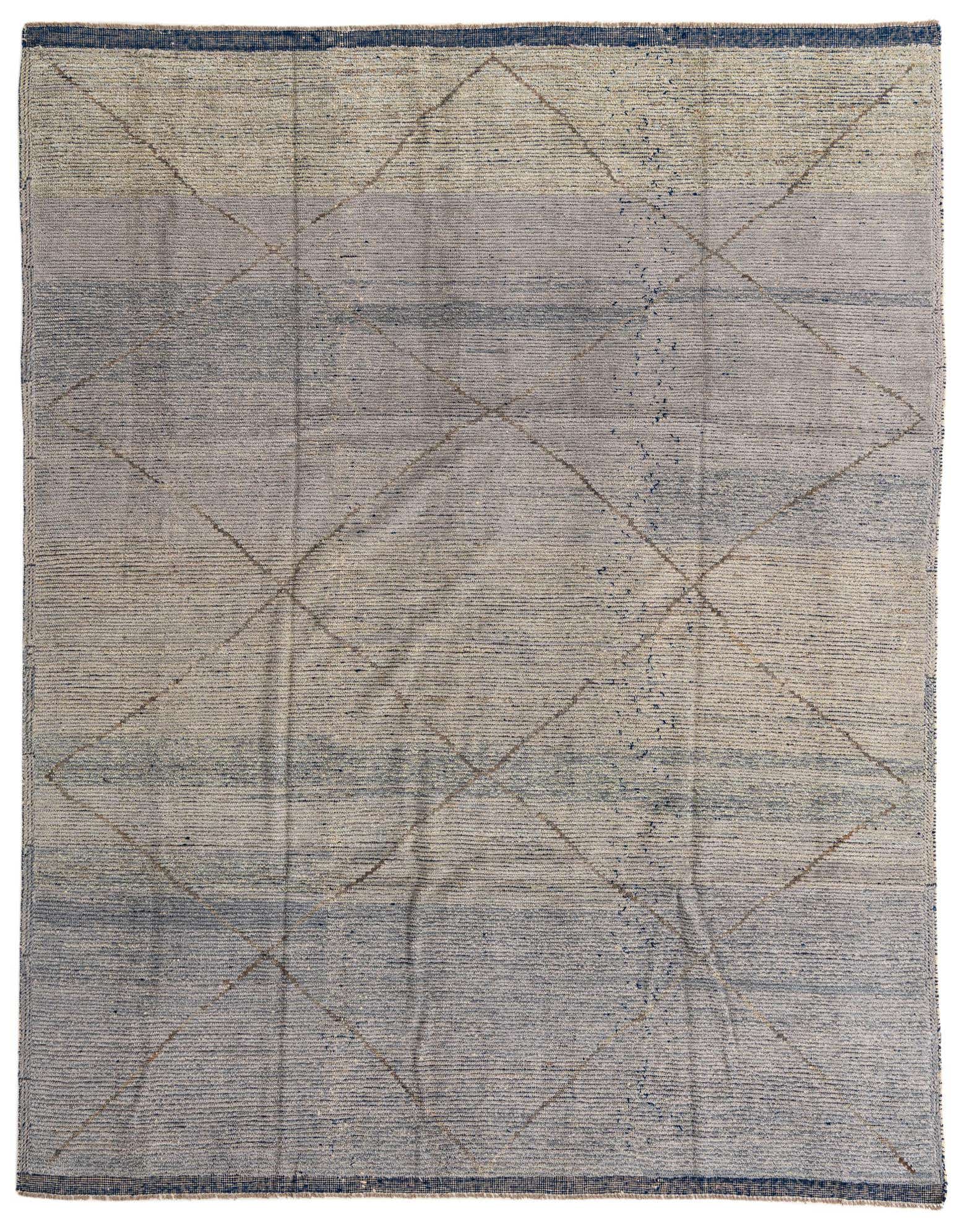 An 8x11 rectangular gray wool shag rug with a subtle tribal diamond pattern, ideal for a modern living room.