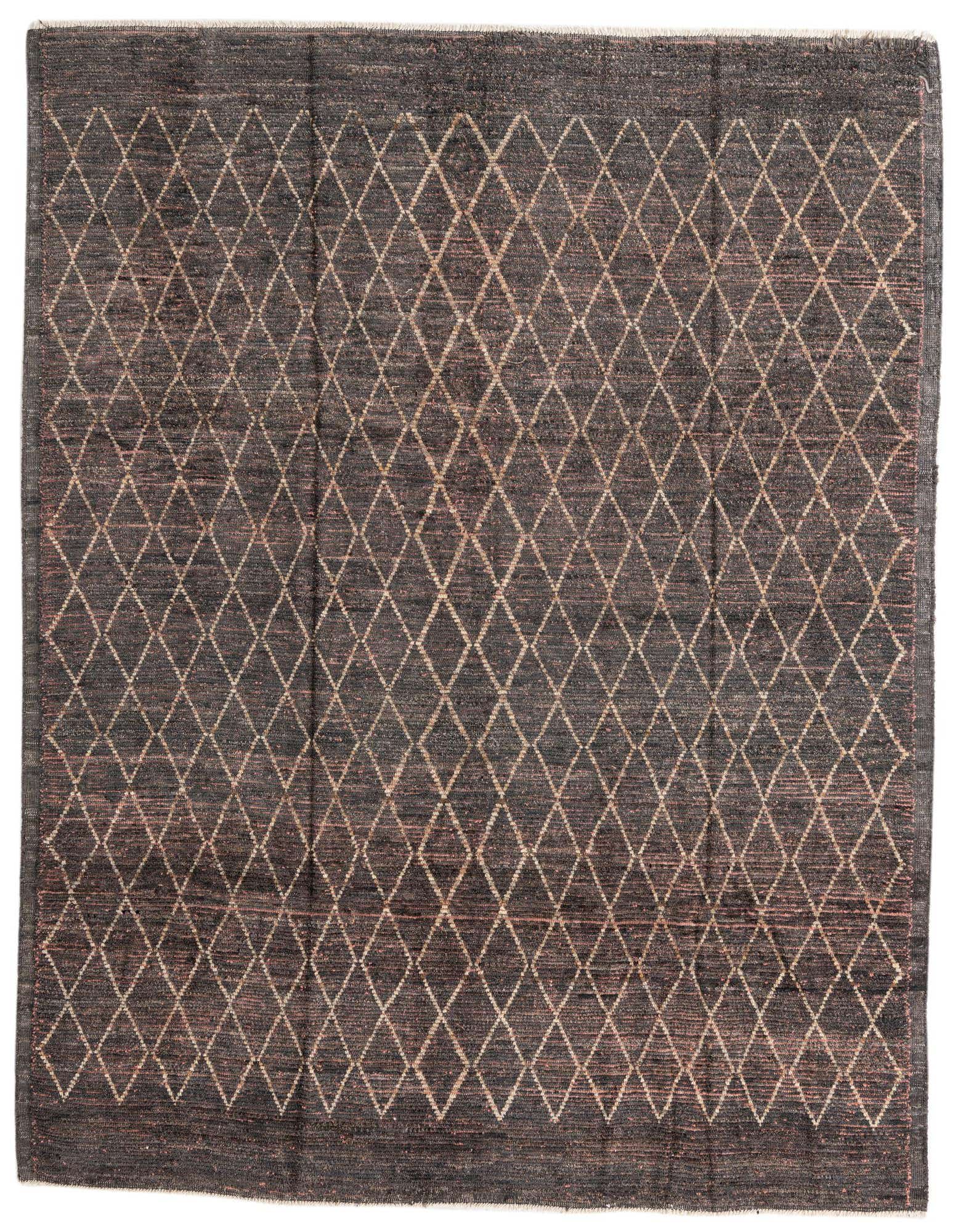 An 8x10 rectangular gray shag rug with a repeating light brown diamond tribal pattern, suitable for a living room.