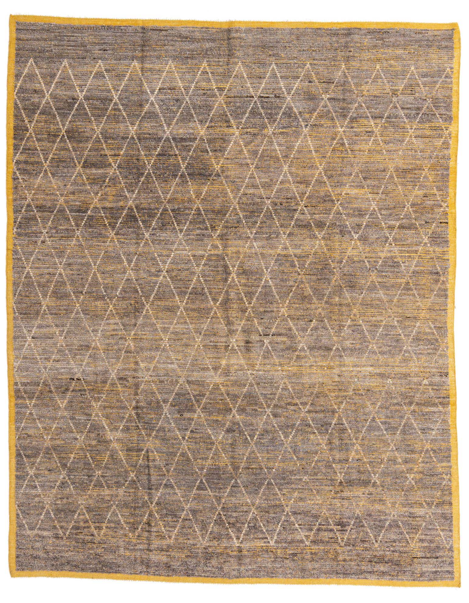 An 8x10 rectangular gray wool shag rug with a subtle diamond pattern and a bright yellow border.