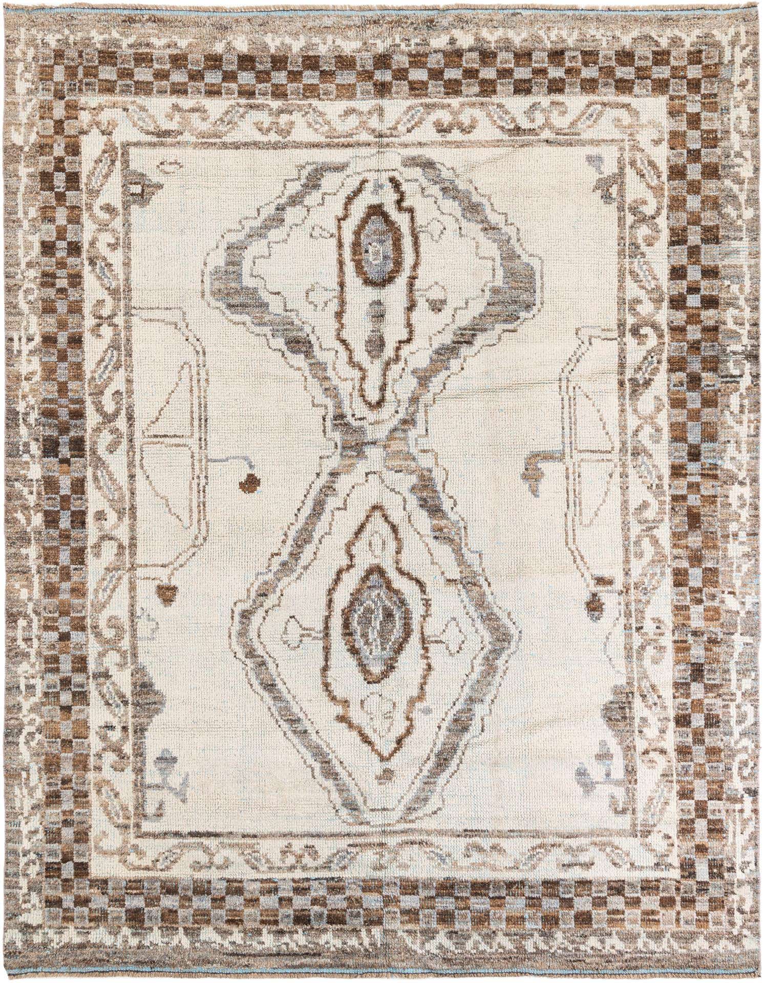 A rectangular 8x11 gray Moroccan tribal wool shag rug with a central medallion and checkered border.