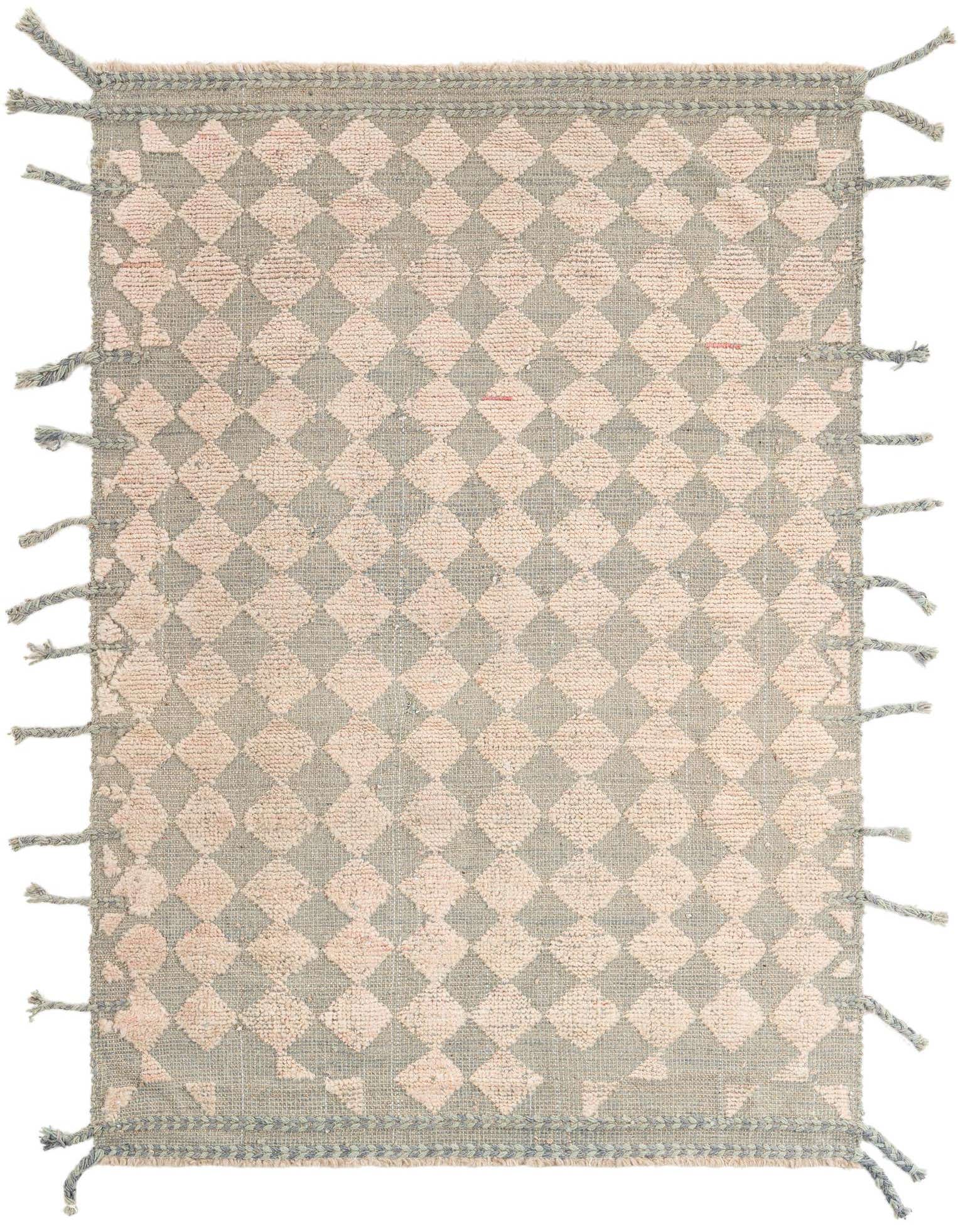 A 4x6 rectangular gray and pink tribal wool shag rug with diamond patterns and braided tassels on all sides.