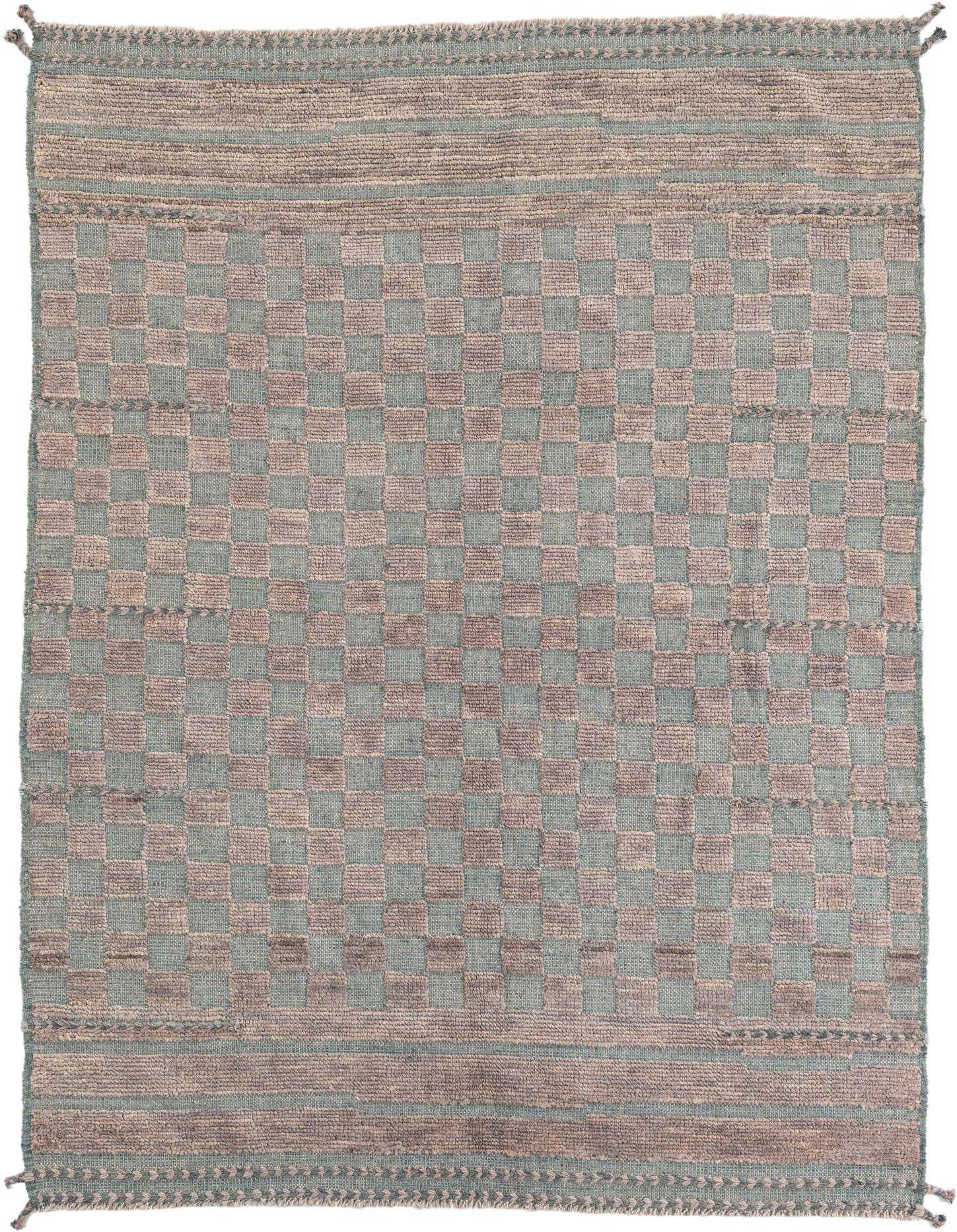 A 5x8 rectangular gray wool shag rug with a modern tribal checkered pattern and decorative border.
