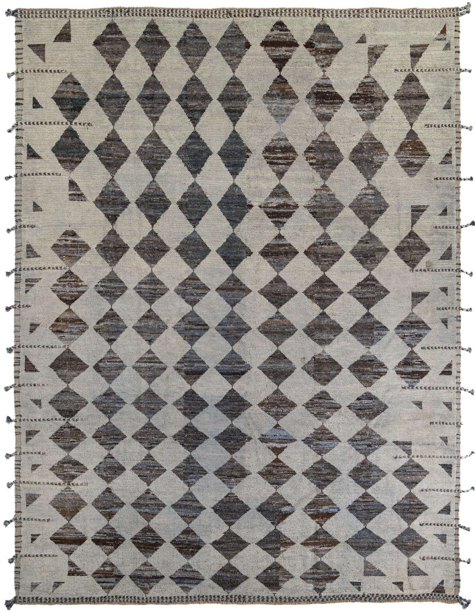 A 9x12 rectangular gray wool shag rug with a modern tribal diamond pattern and decorative tassels.