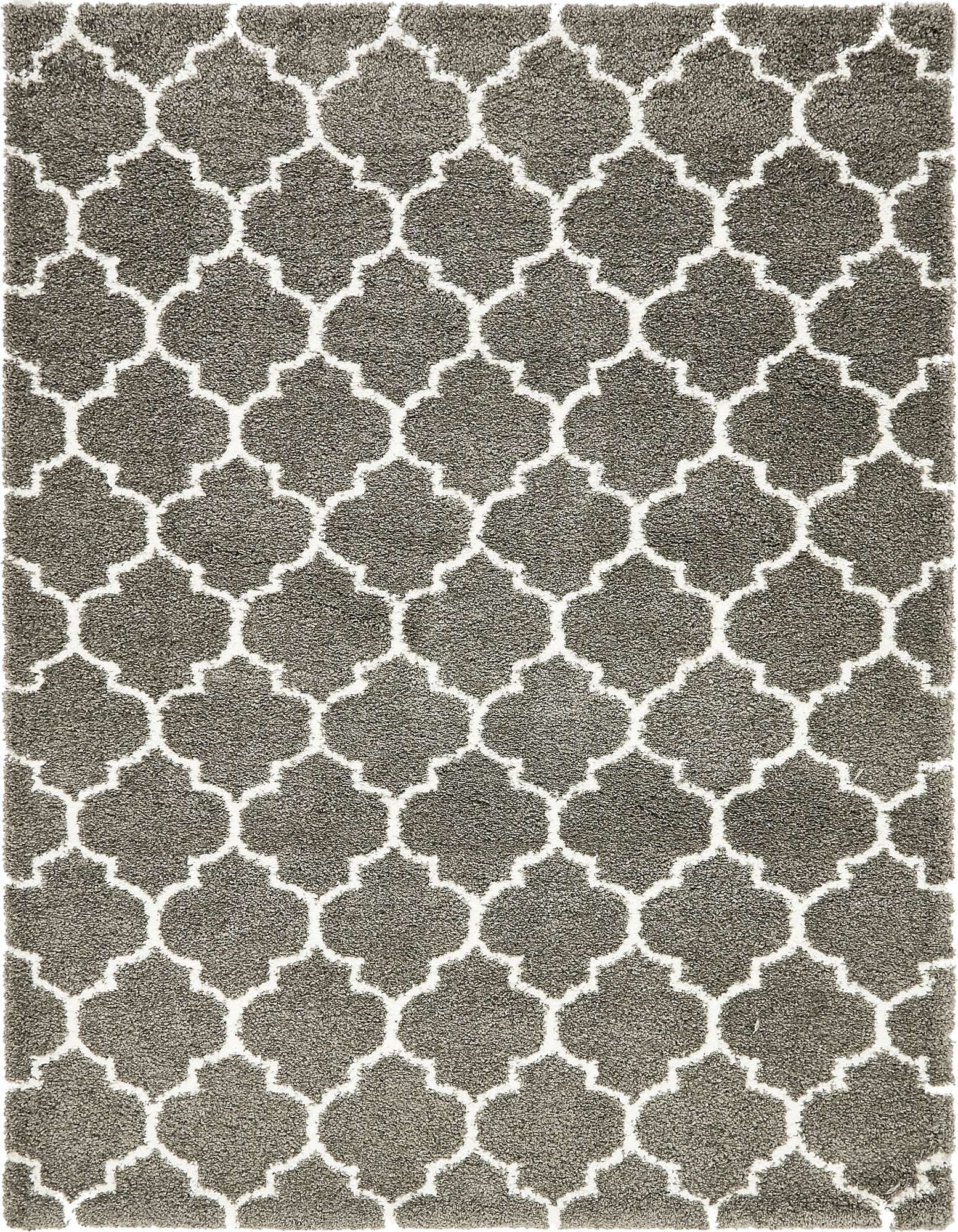 A rectangular 8x10 gray shag rug with a white Moroccan trellis pattern, suitable for a living room or bedroom.