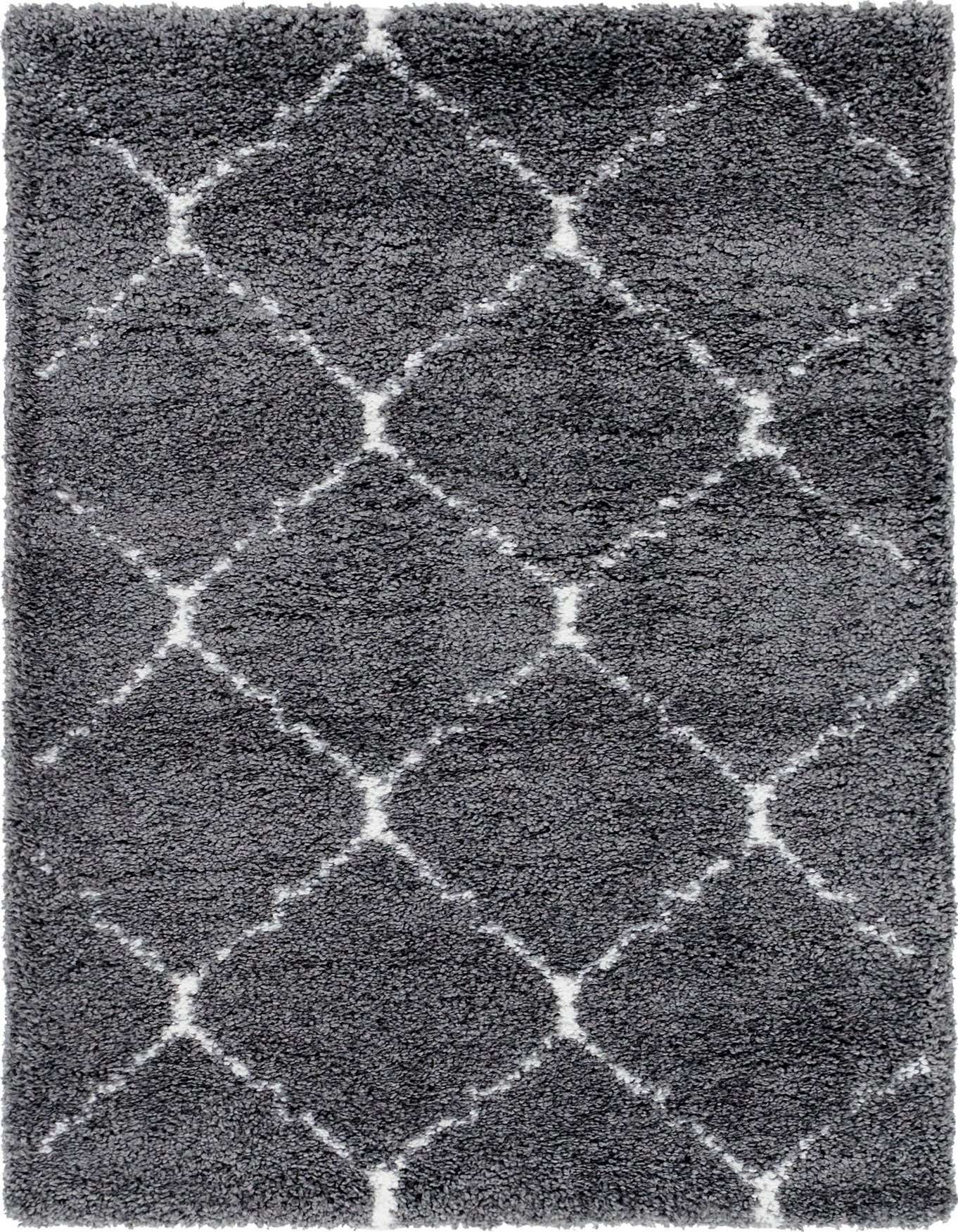 A 4x6 rectangular gray shag rug with a white trellis pattern, offering a soft, textured feel.