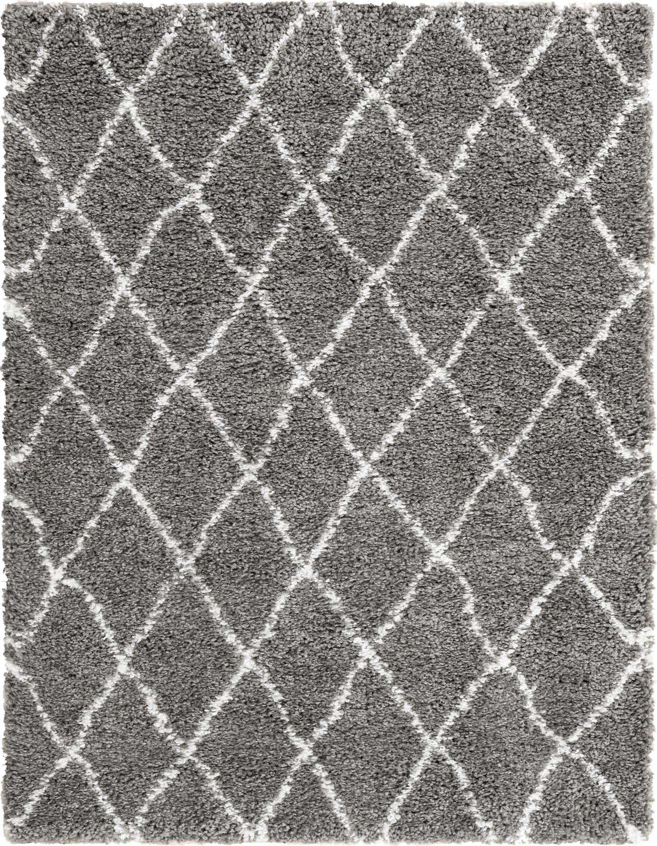 A 4x6 rectangular gray shag rug with a modern white diamond trellis pattern, perfect for a living room or bedroom.