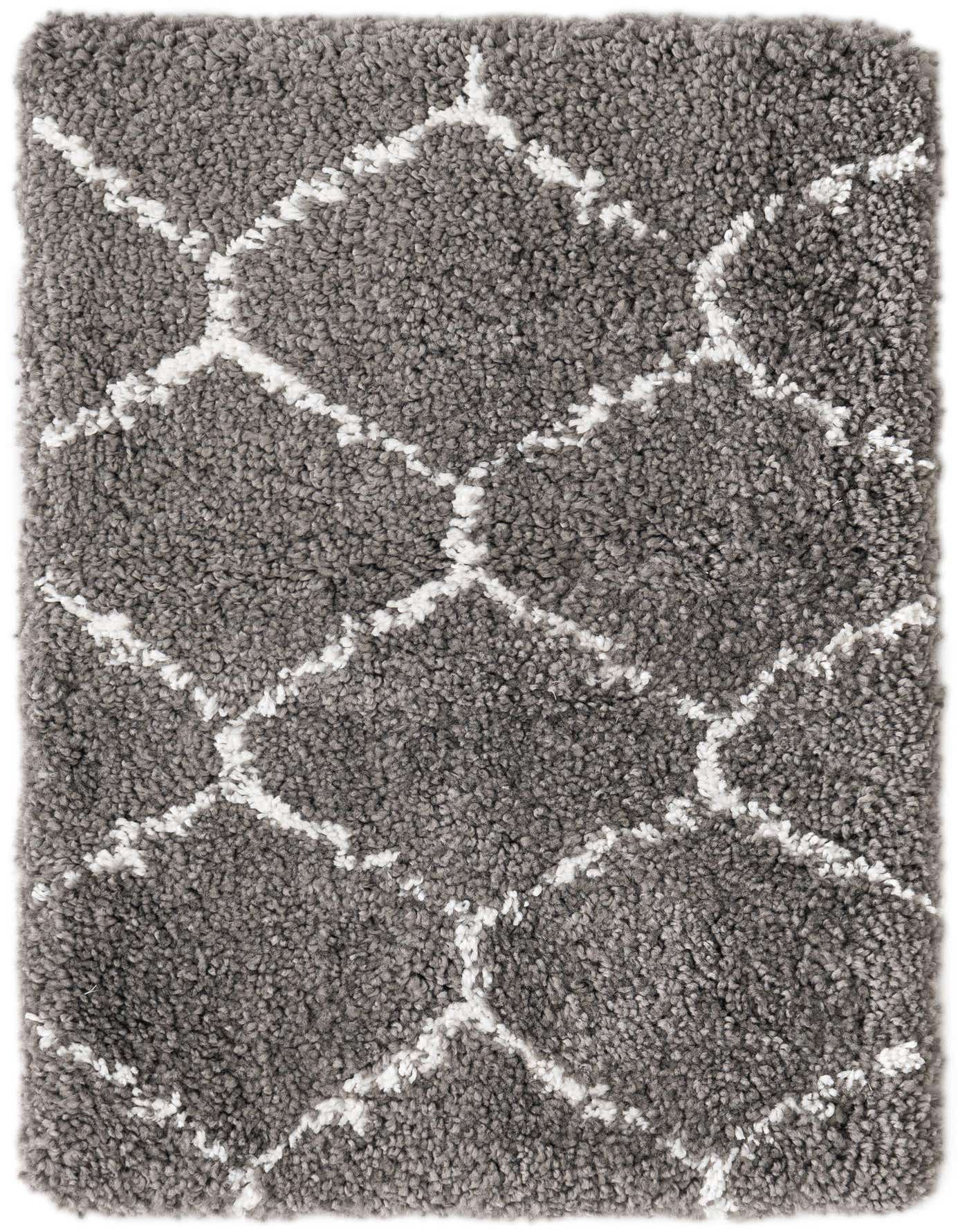 A 2x3 rectangular gray shag rug with a modern white geometric trellis pattern, suitable for indoor use.