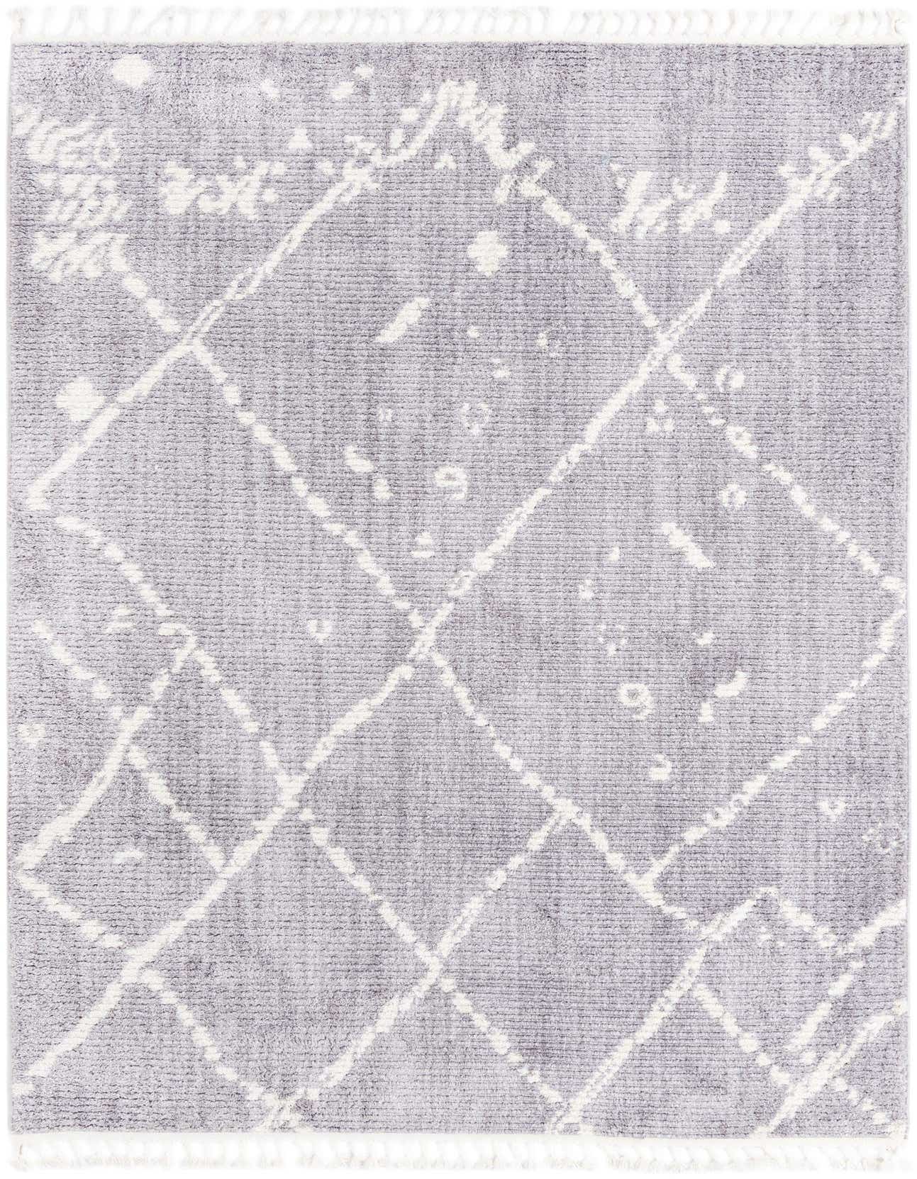 A 7x10 rectangular gray shag rug with an abstract white diamond pattern and textured pile.