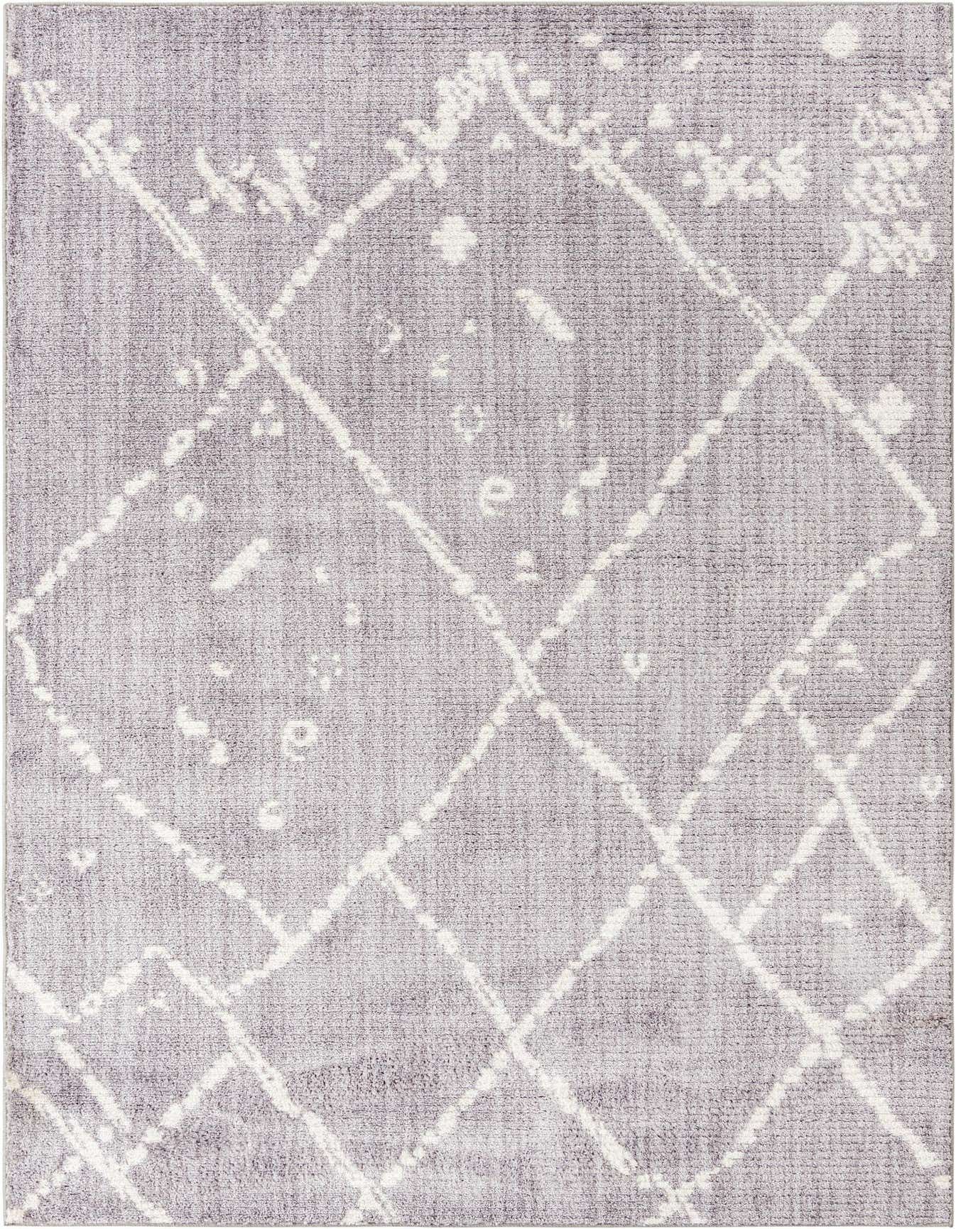 A 7x10 rectangular gray shag rug with an abstract white diamond pattern, suitable for a living room.