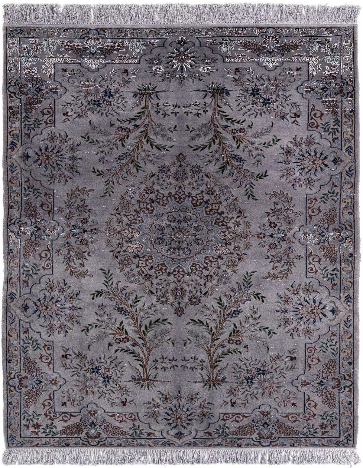 A 3x5 rectangular gray Persian rug with intricate floral and medallion patterns in blue, brown, and silver, featuring white fringes.