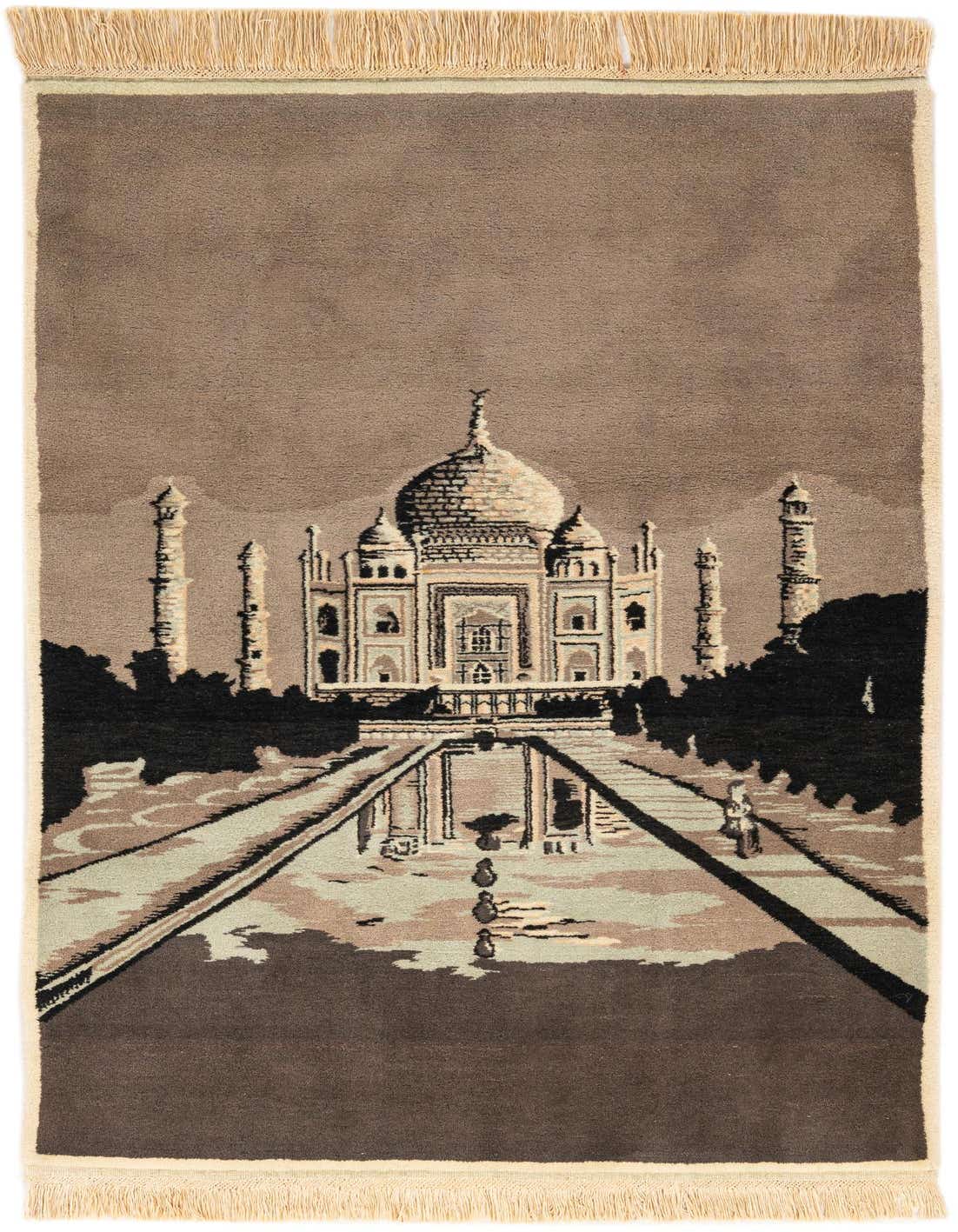 A rectangular 4x6 gray wool rug featuring a detailed depiction of the Taj Mahal with reflective pools and surrounding gardens.