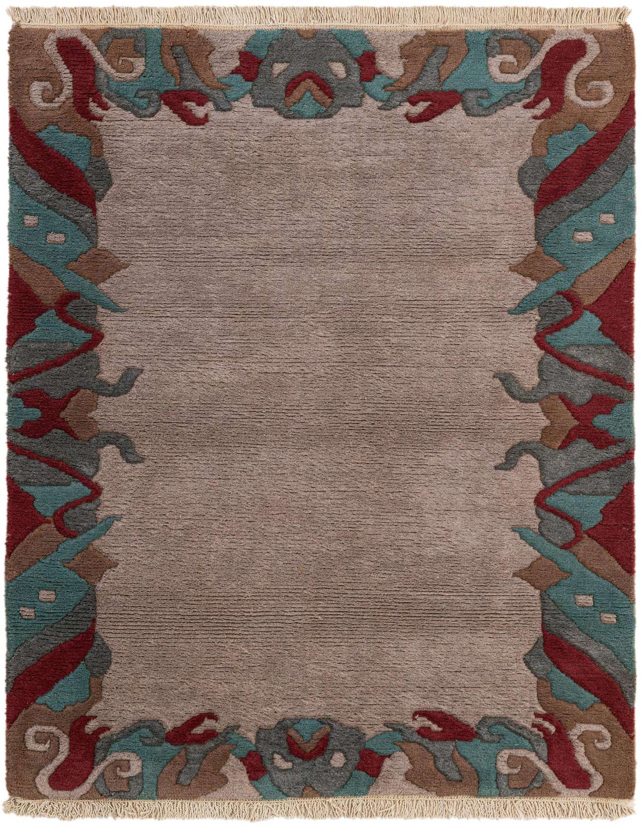 A 4x6 rectangular gray wool rug with a colorful modern oriental border in teal, red, and brown, suitable for a living room.