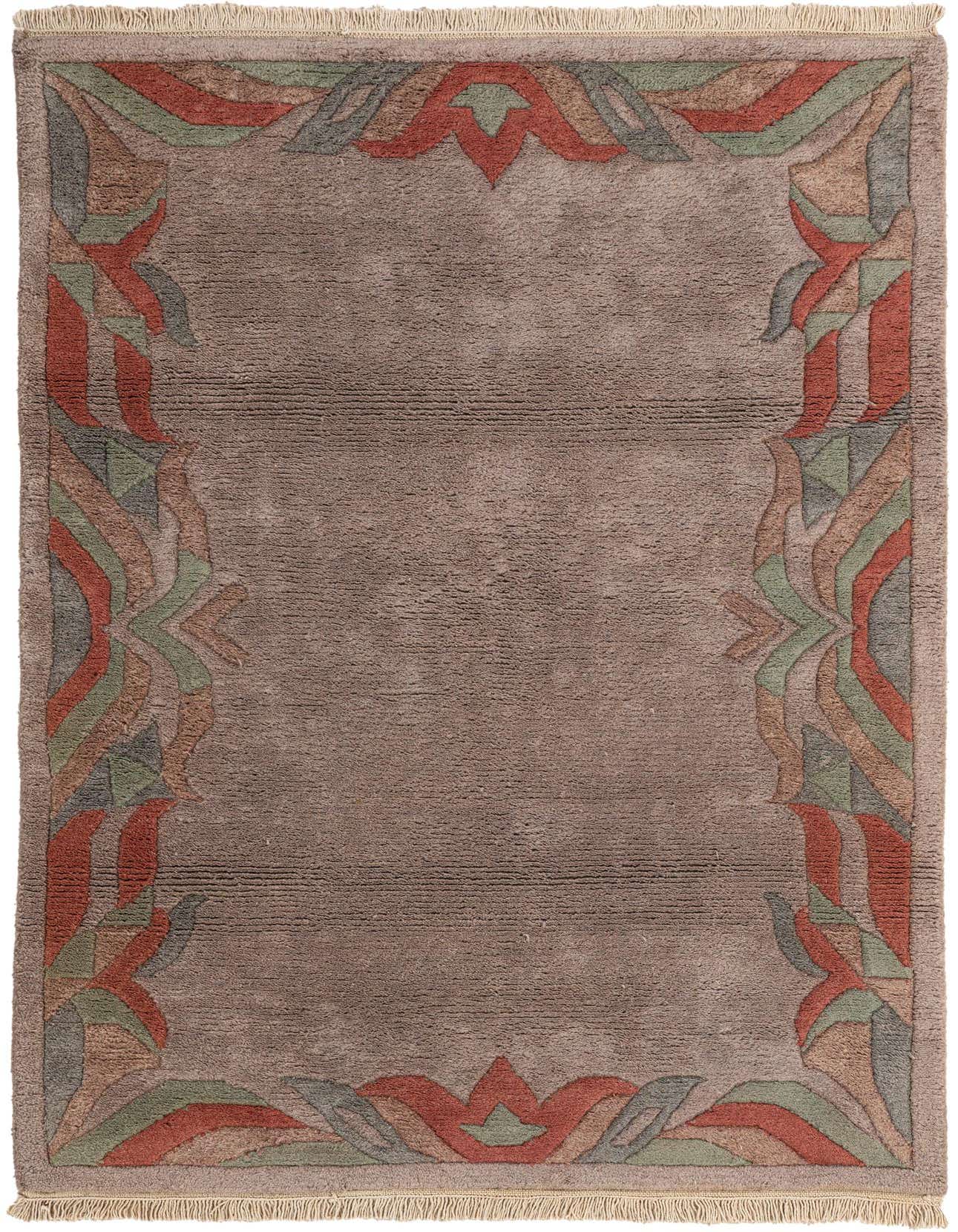 A 4x6 rectangular gray wool rug with a modern oriental abstract border in muted reds, greens, and grays.