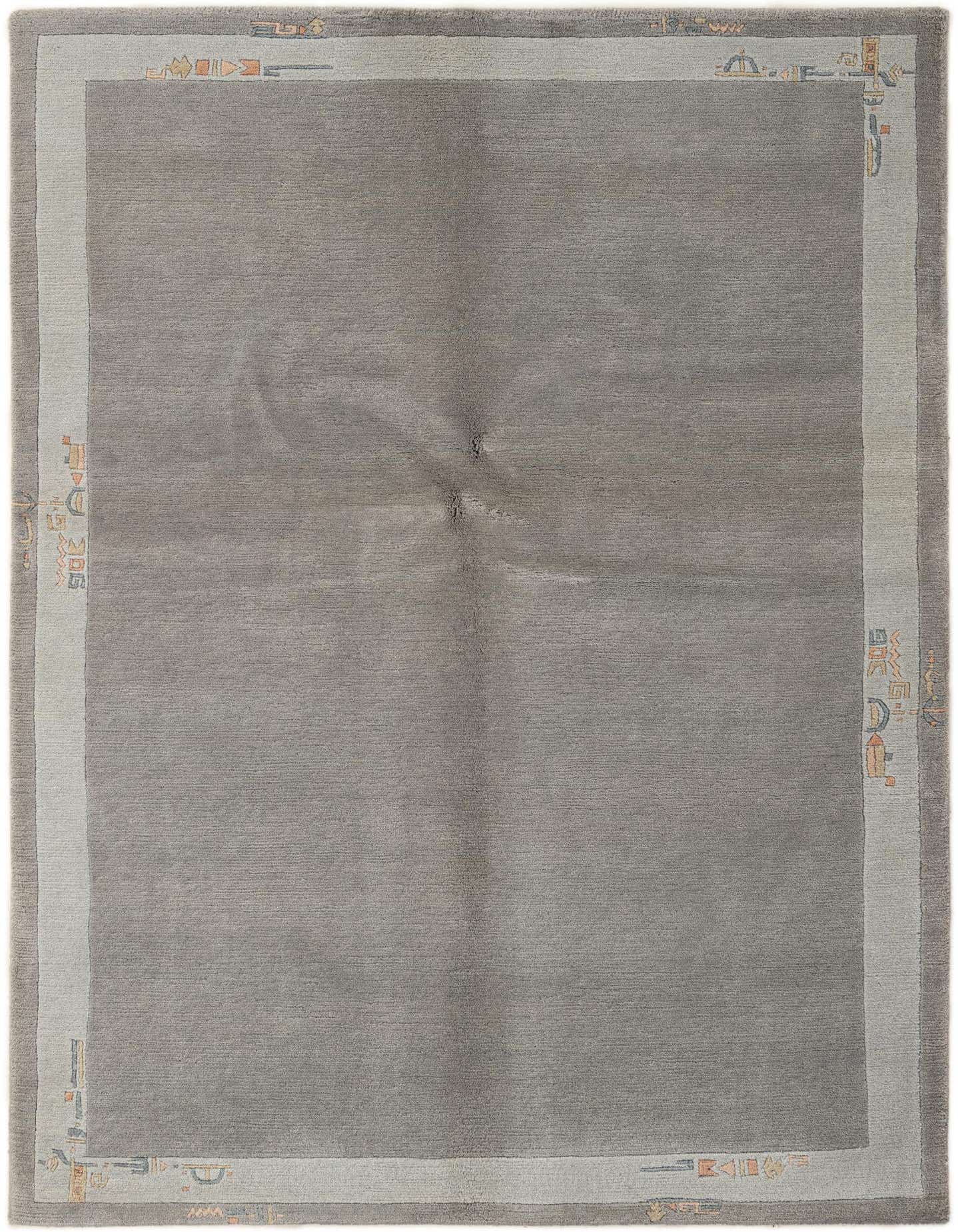 A 4x6 rectangular gray wool rug with a light gray border featuring subtle modern oriental patterns in muted colors.