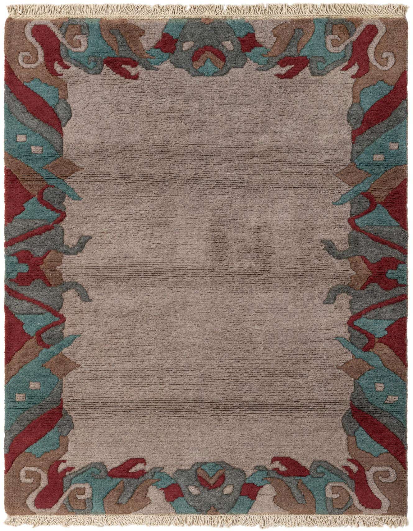 A 4x6 rectangular gray wool rug with a modern oriental abstract border in teal, red, and brown.