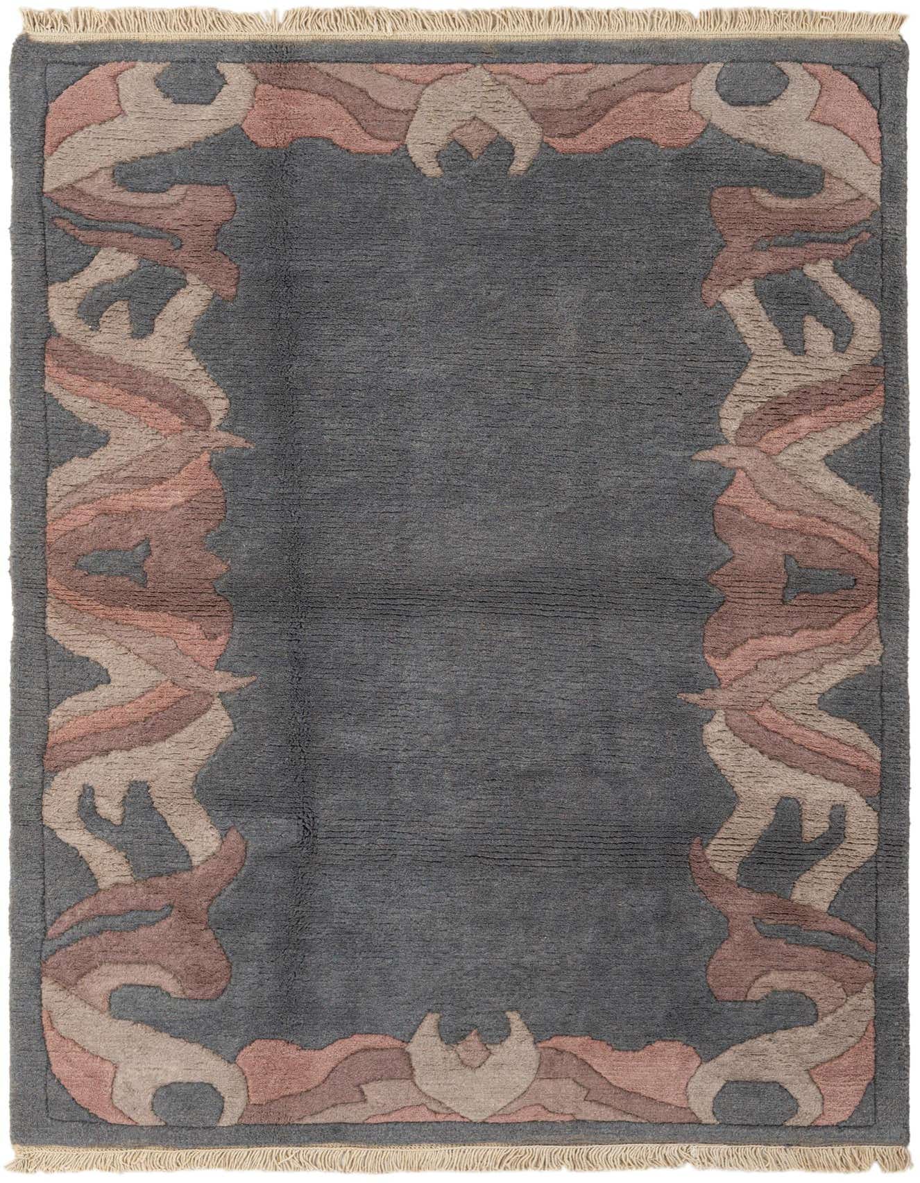 A 4x6 rectangular gray wool rug with a modern abstract border in shades of pink, brown, and beige, featuring short fringes.