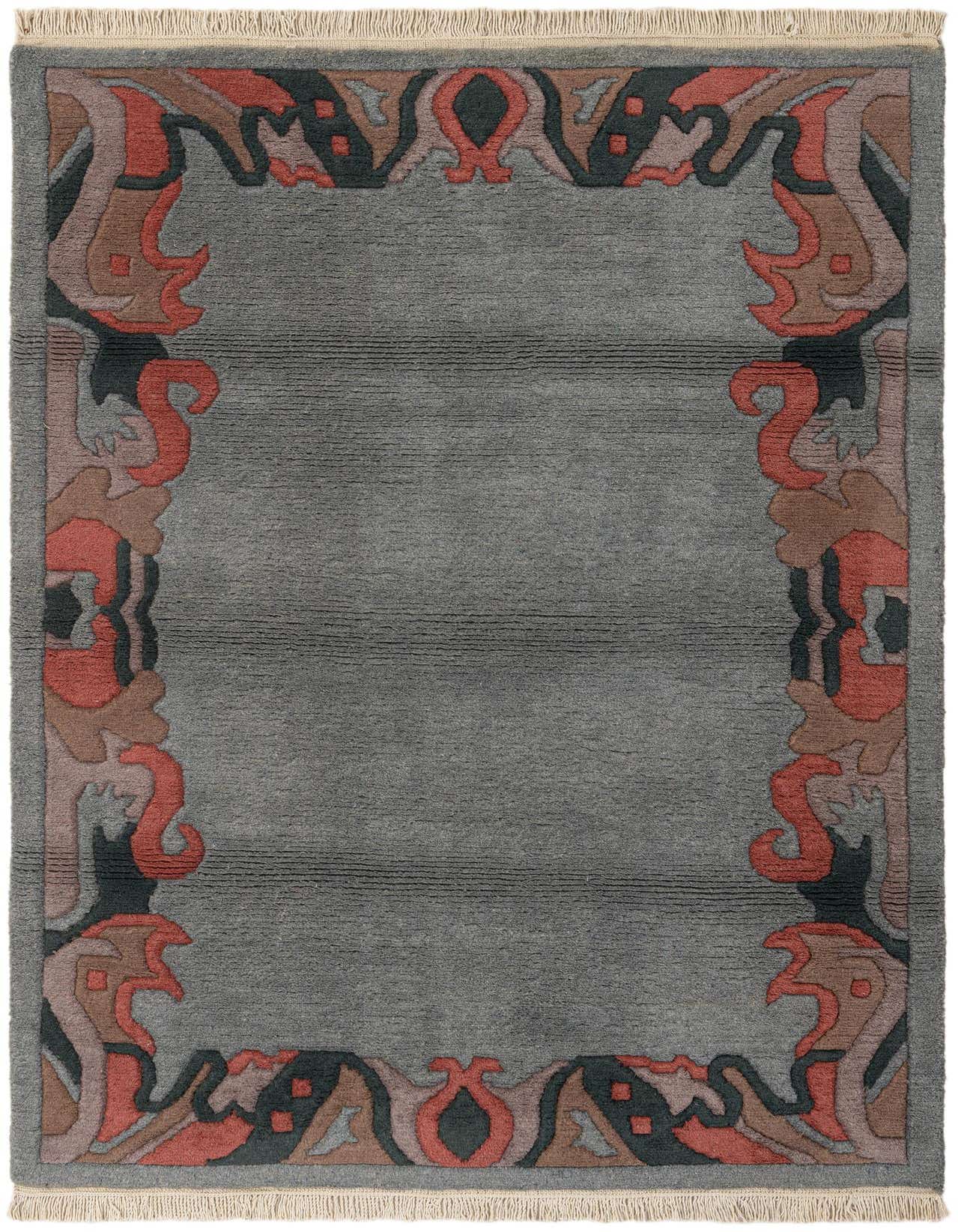 A 4x6 rectangular gray wool rug with a modern abstract border in shades of terracotta, brown, and dark gray.