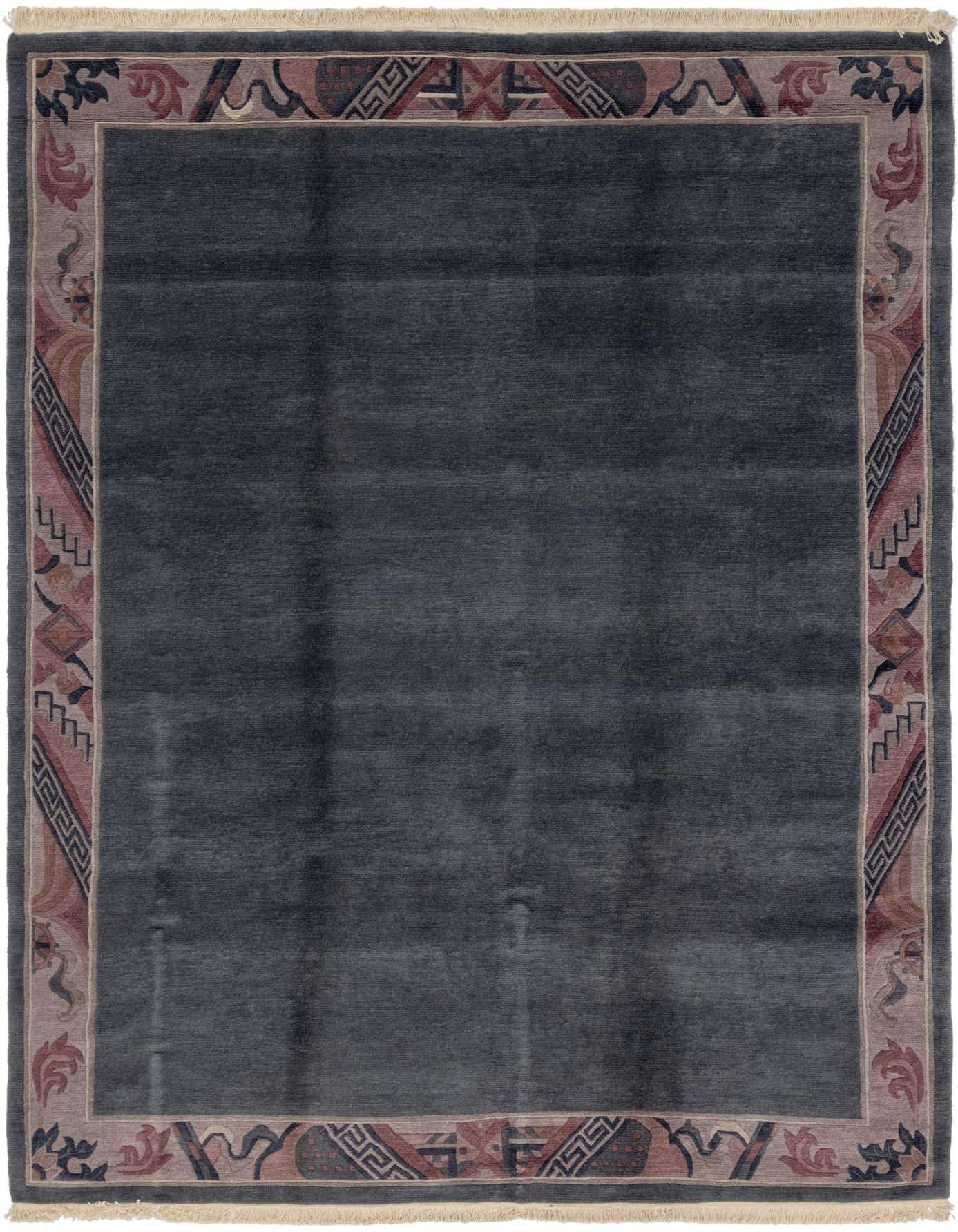 A large 8x12 rectangular gray wool rug with a detailed traditional border in muted reds, blues, and browns, featuring geometric and floral motifs.