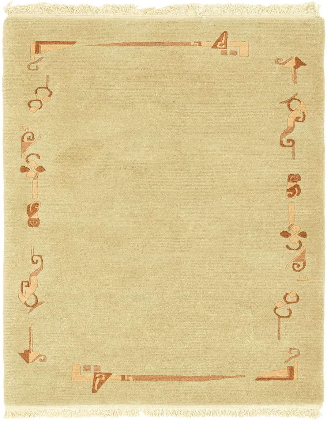 A 3x5 rectangular gray wool rug with a high pile and an abstract oriental border in shades of brown and beige.