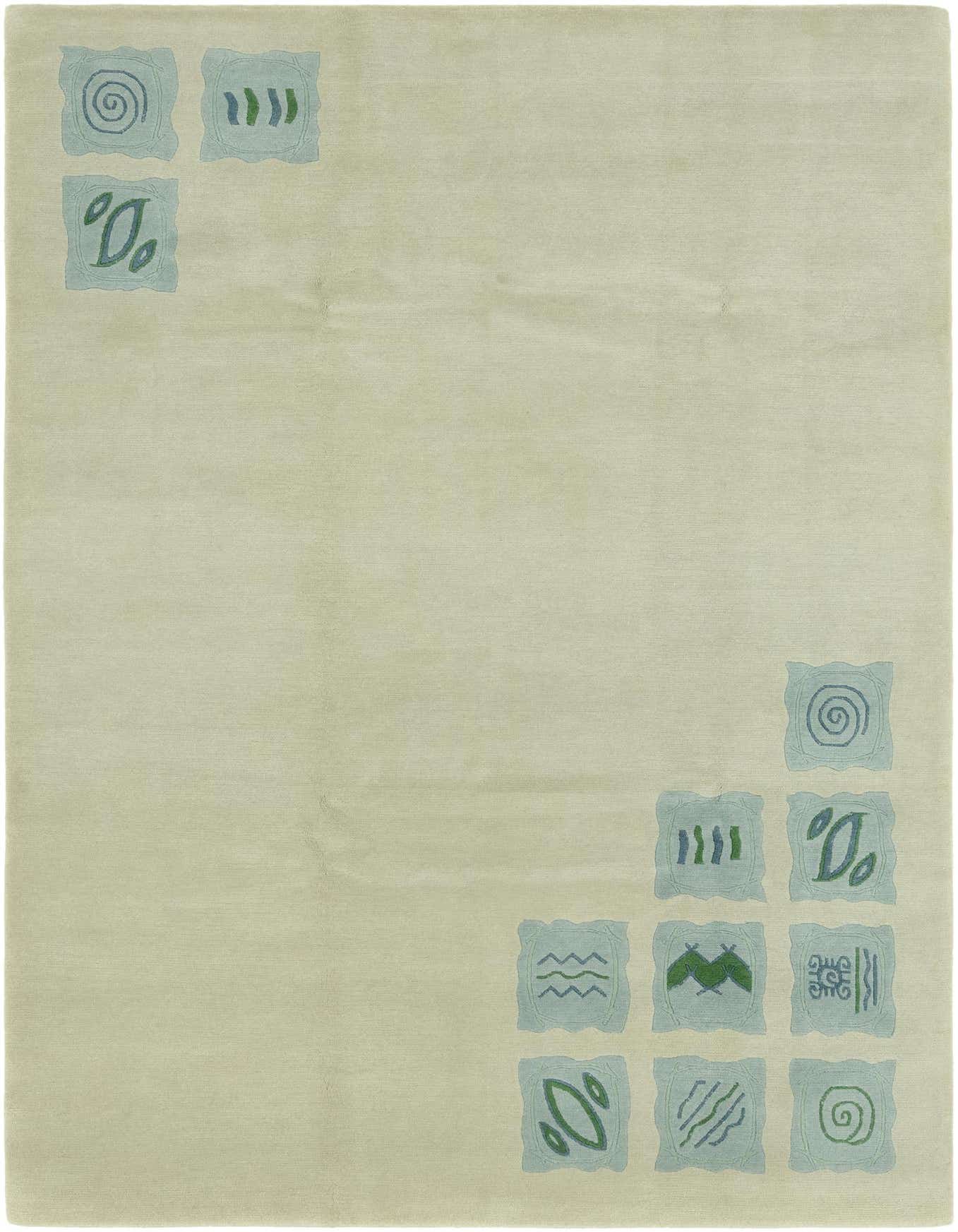 A 7x10 rectangular gray wool rug with light blue squares featuring abstract green and blue patterns in the top left and bottom right corners.