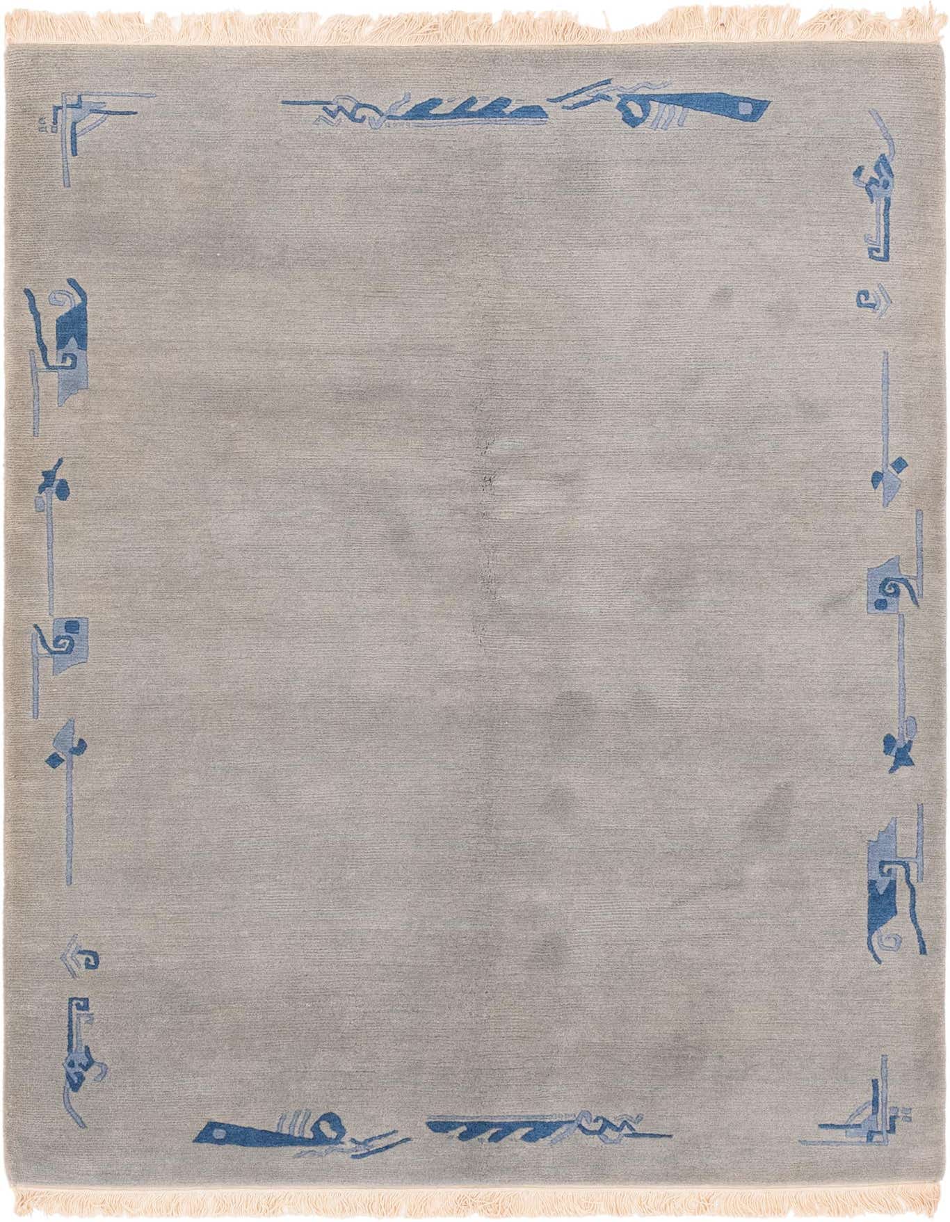 A 5x7 rectangular gray wool area rug with a modern oriental border pattern in shades of blue, featuring short white fringes.