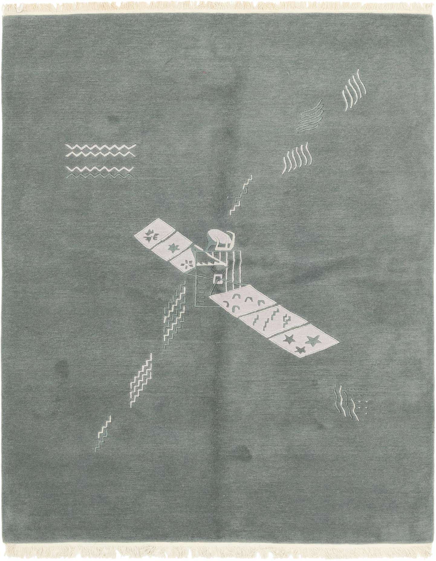 A 6x9 rectangular gray wool rug with a modern abstract pattern featuring a central satellite-like design and wavy lines.