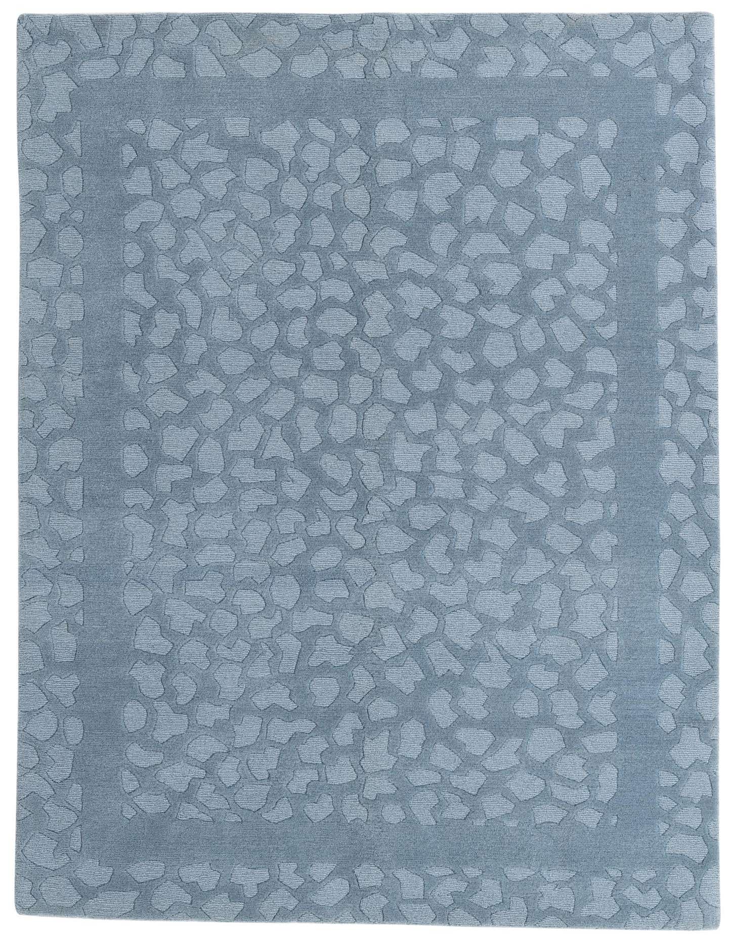 A 6x9 rectangular gray wool rug with a modern, abstract pebble-like pattern and a solid border.
