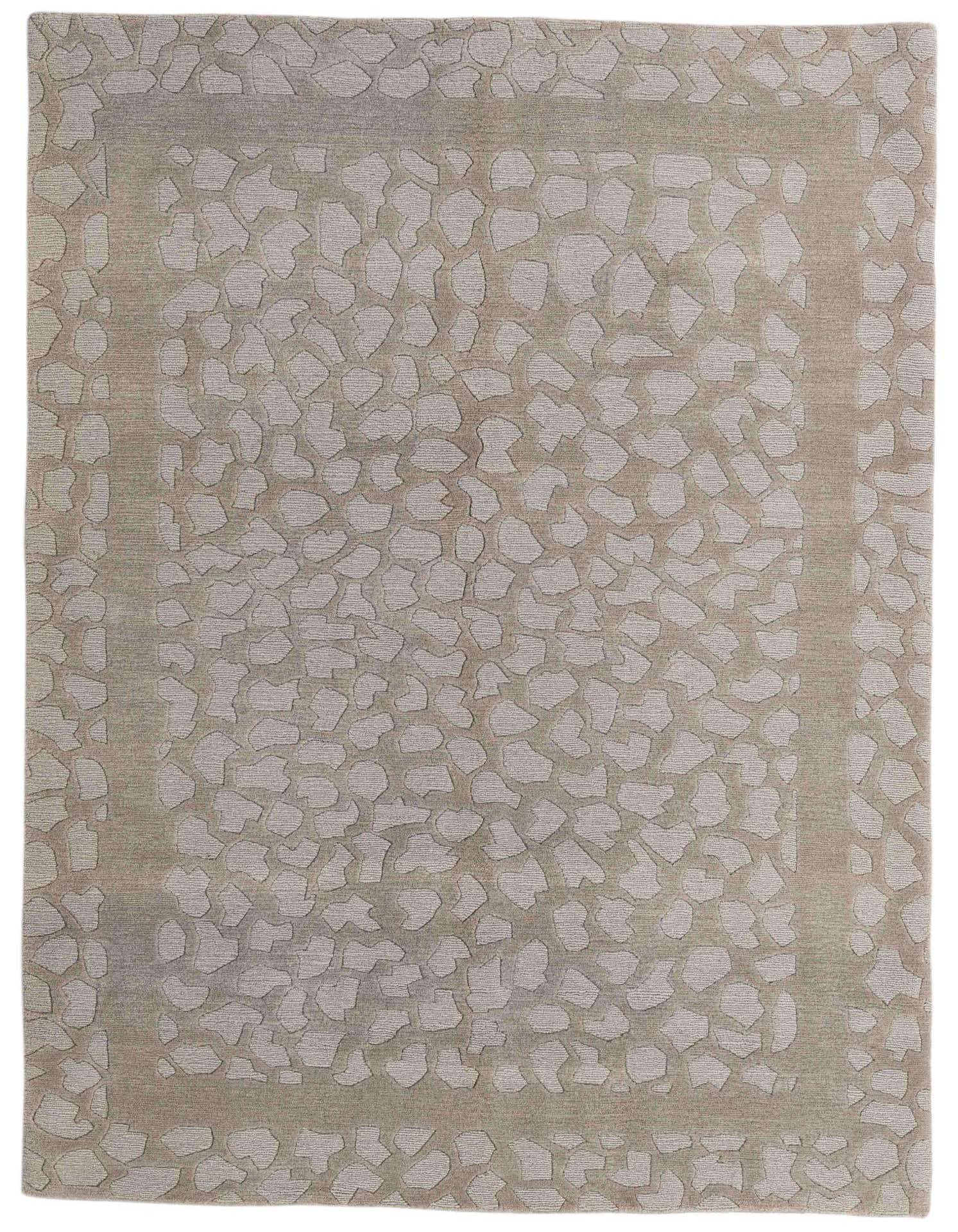 A 6x9 rectangular gray modern wool area rug with an abstract pattern and a subtle border, ideal for a living room.