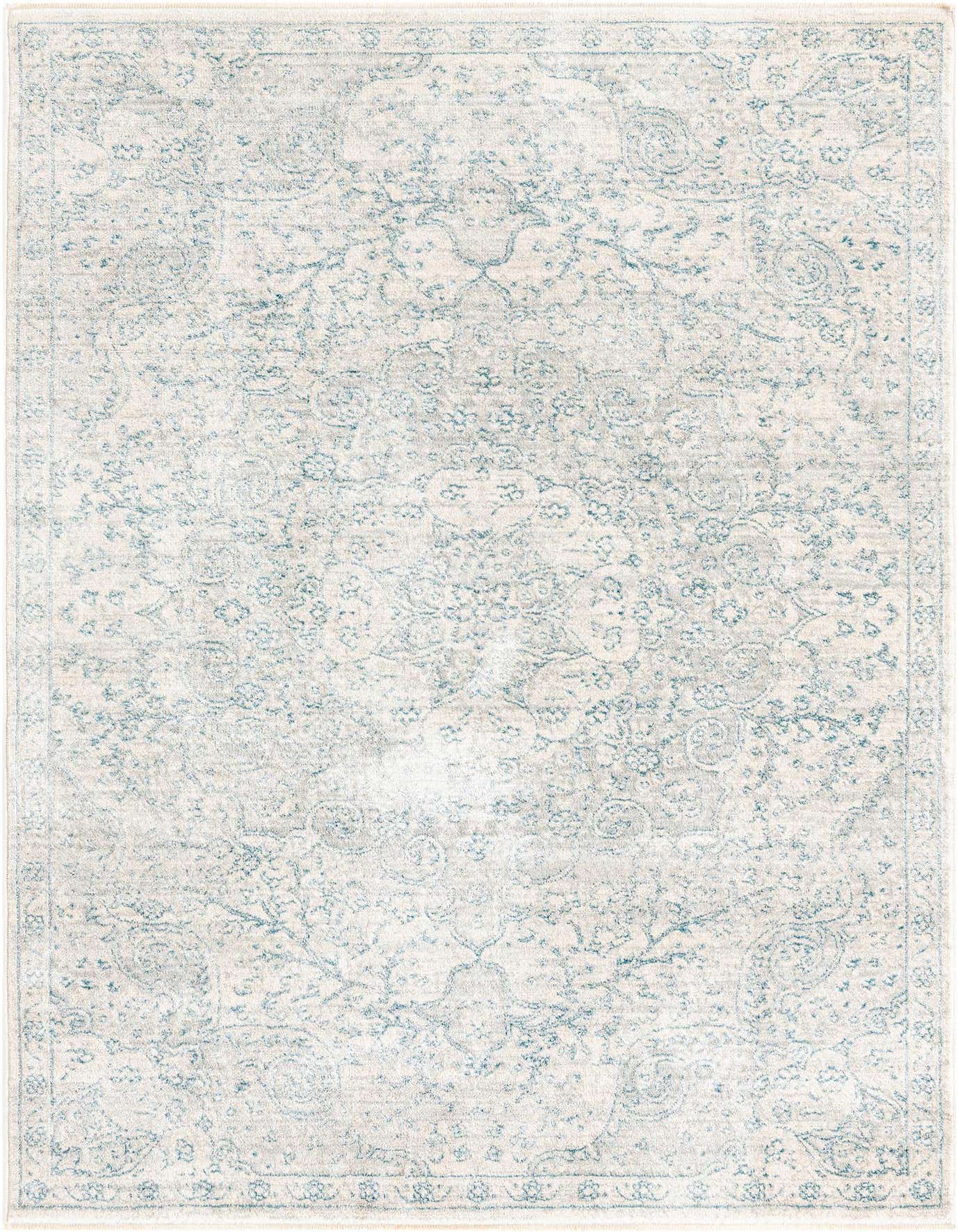 A 4x6 rectangular gray area rug with a faded traditional medallion and floral pattern, ideal for a living room.