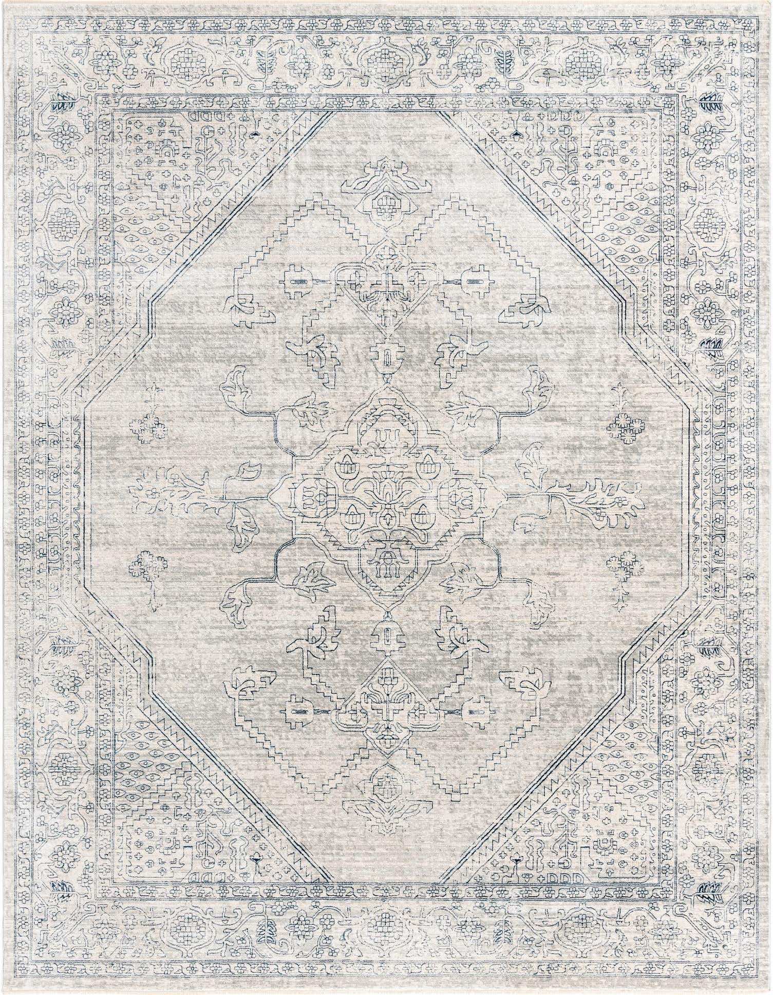 A 9x12 rectangular gray area rug with a faded traditional medallion and tribal patterns, ideal for a living room.
