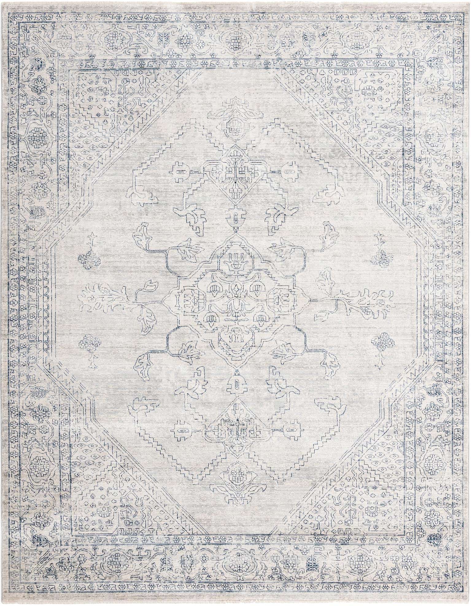 An 8x10 rectangular gray area rug with a faded traditional medallion and tribal pattern in light blue-gray tones.