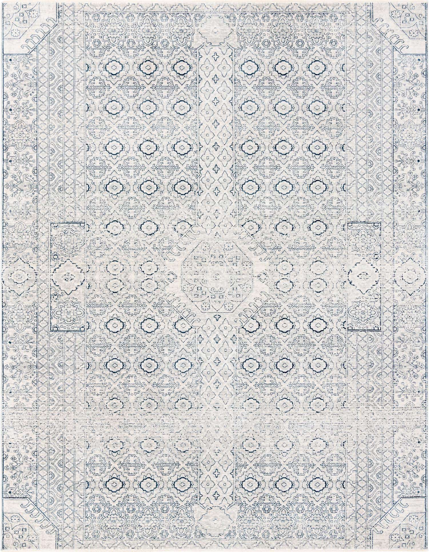 A 9x12 rectangular gray area rug with a distressed traditional medallion and tribal pattern, suitable for a living room.