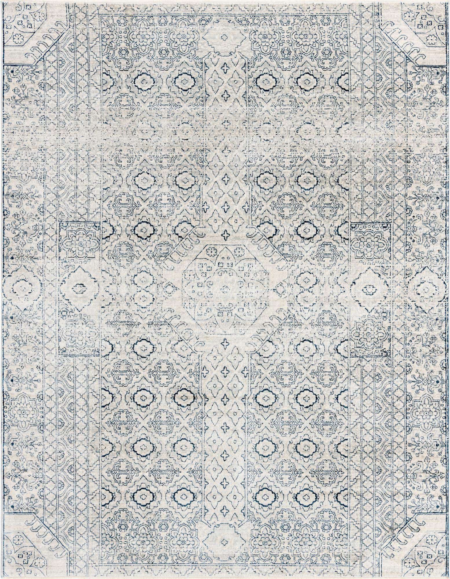 An 8x10 rectangular Newport collection rug featuring a distressed gray and silver traditional medallion pattern.