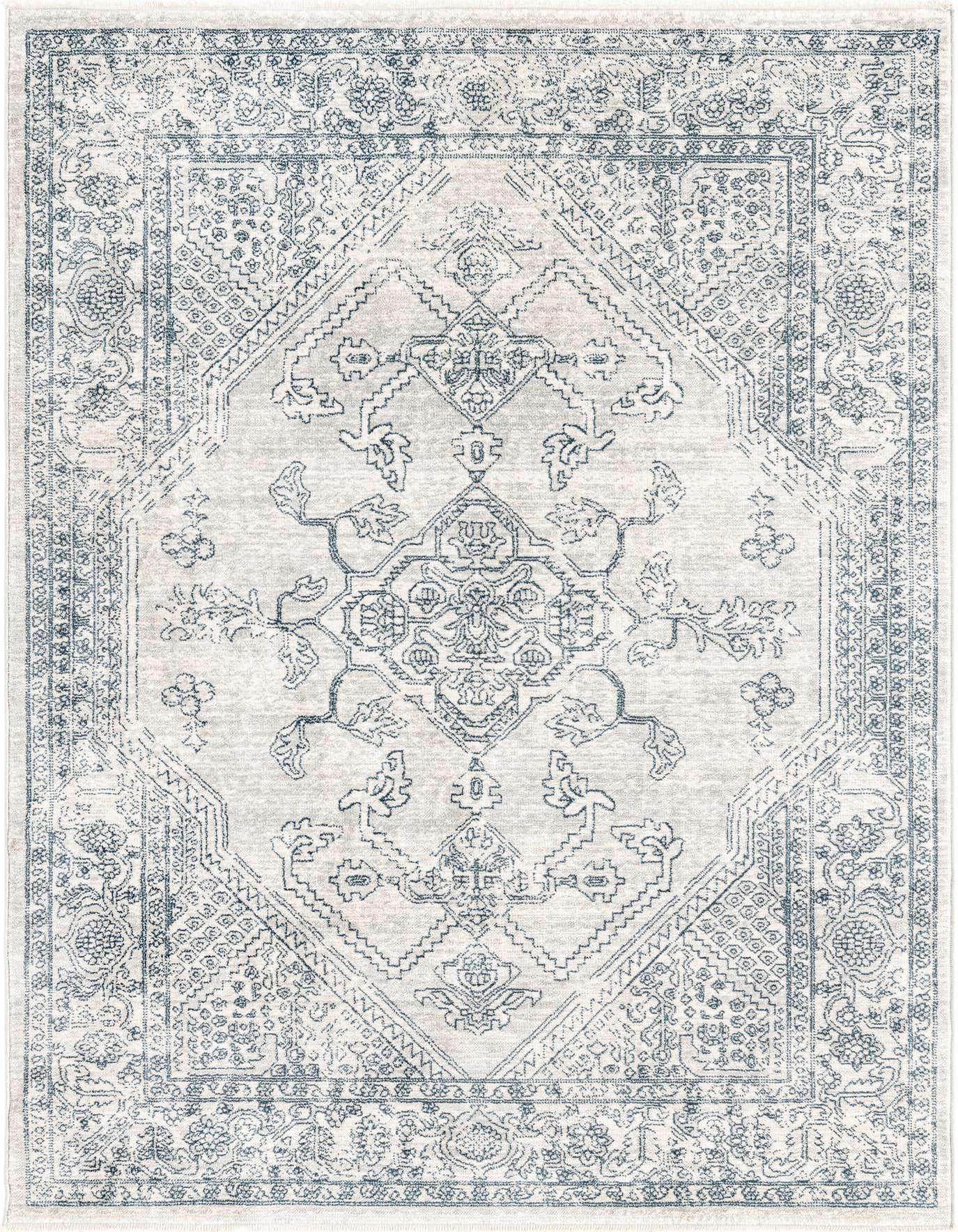 A 2x3 rectangular gray and silver indoor rug with a traditional oriental medallion and tribal pattern.