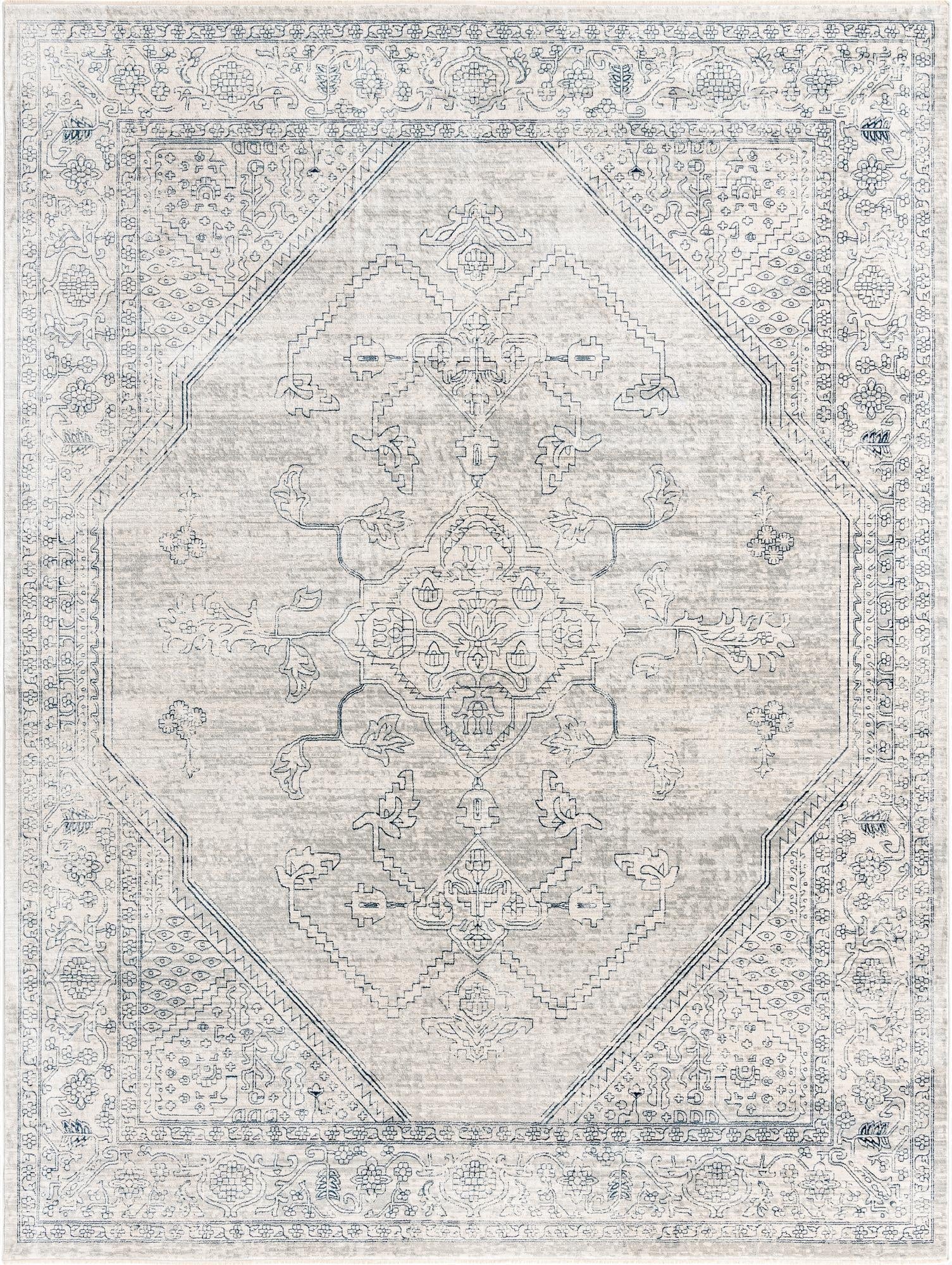 A 9x12 rectangular gray area rug with a faded traditional medallion and tribal patterns, ideal for a living room.