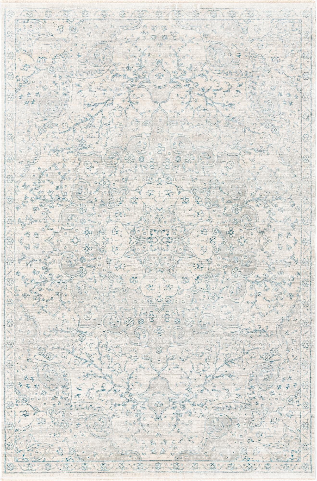 A 5x8 rectangular Newport Collection rug from Rugs.com, featuring a distressed traditional medallion pattern in grays and silvers.