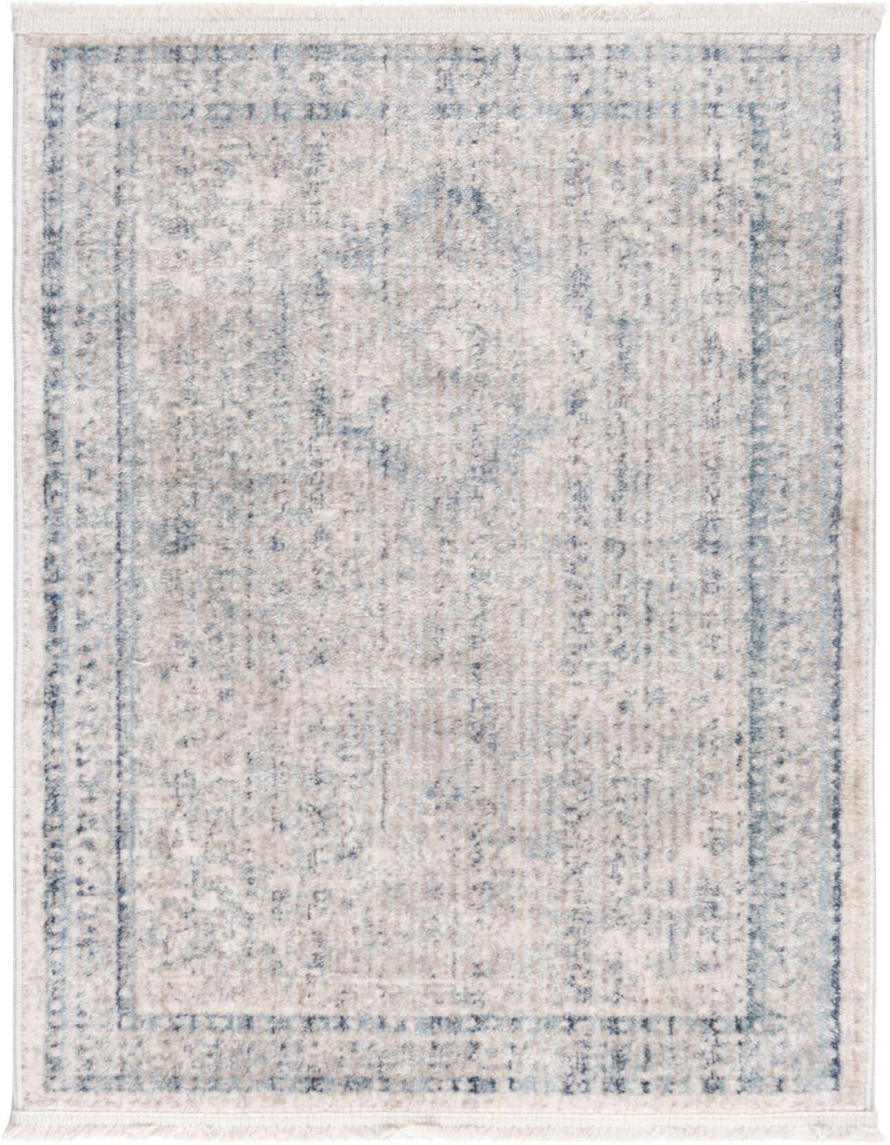 A 2x3 rectangular gray and silver traditional rug with a subtle medallion pattern and distressed blue border.
