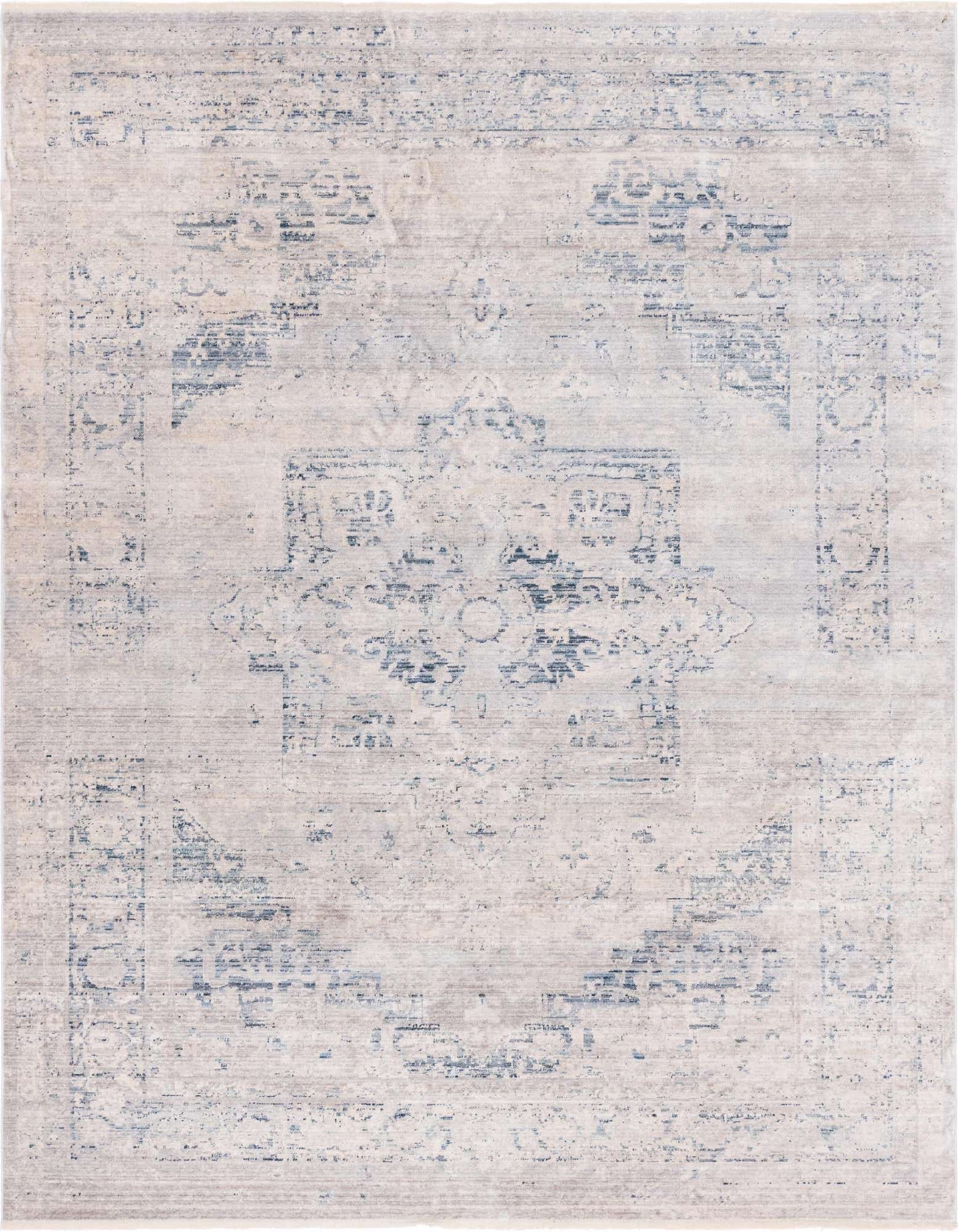 An 8x10 rectangular Noble Collection rug in grays and silvers, featuring a distressed traditional medallion pattern.
