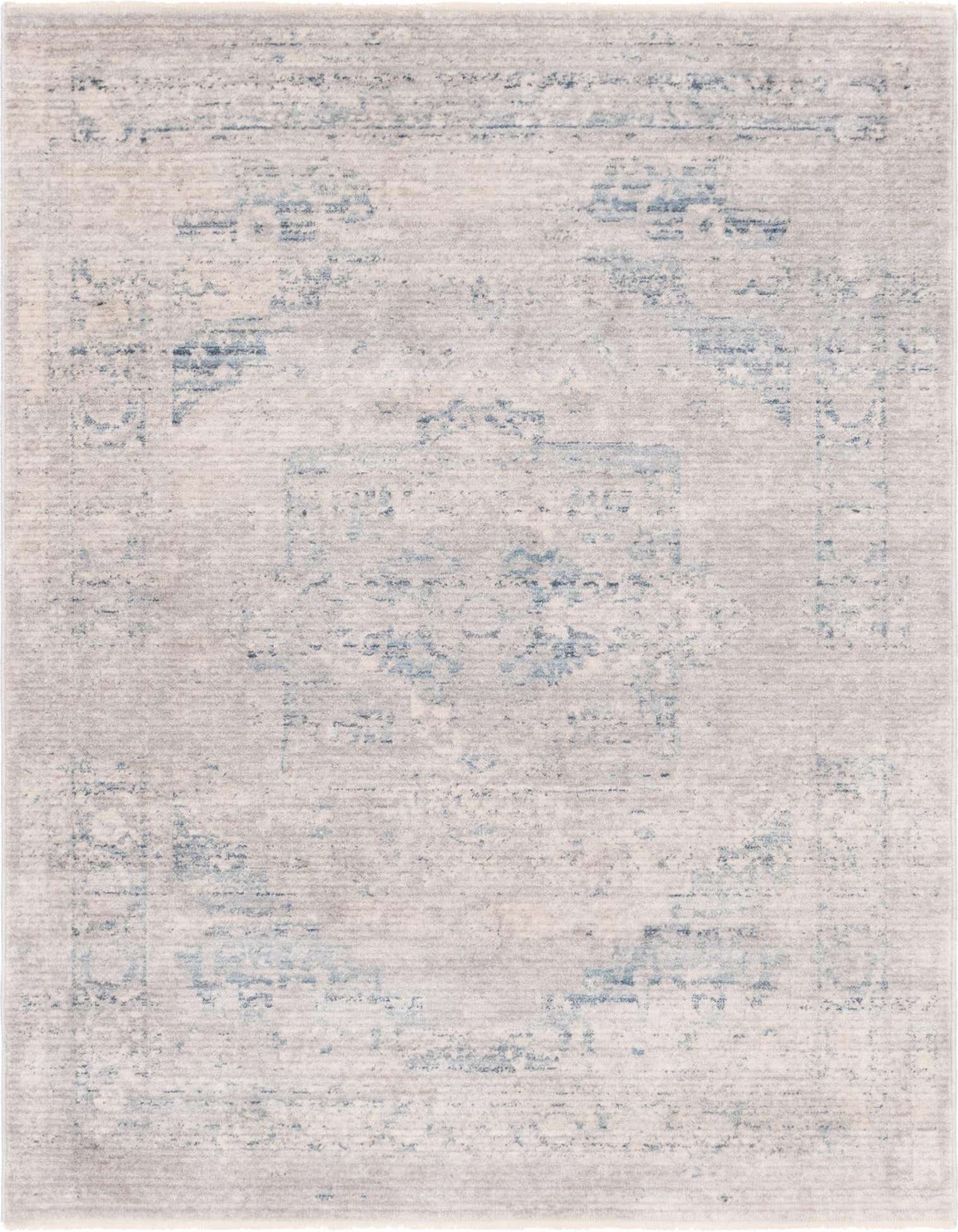A 4x6 rectangular gray area rug with a faded blue traditional medallion pattern, ideal for a living room.