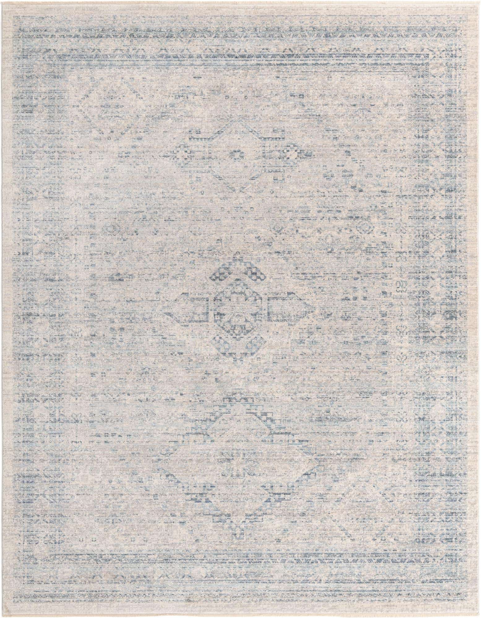 An 8x10 rectangular Noble Collection rug featuring a faded gray and silver traditional medallion pattern, ideal for a living room.