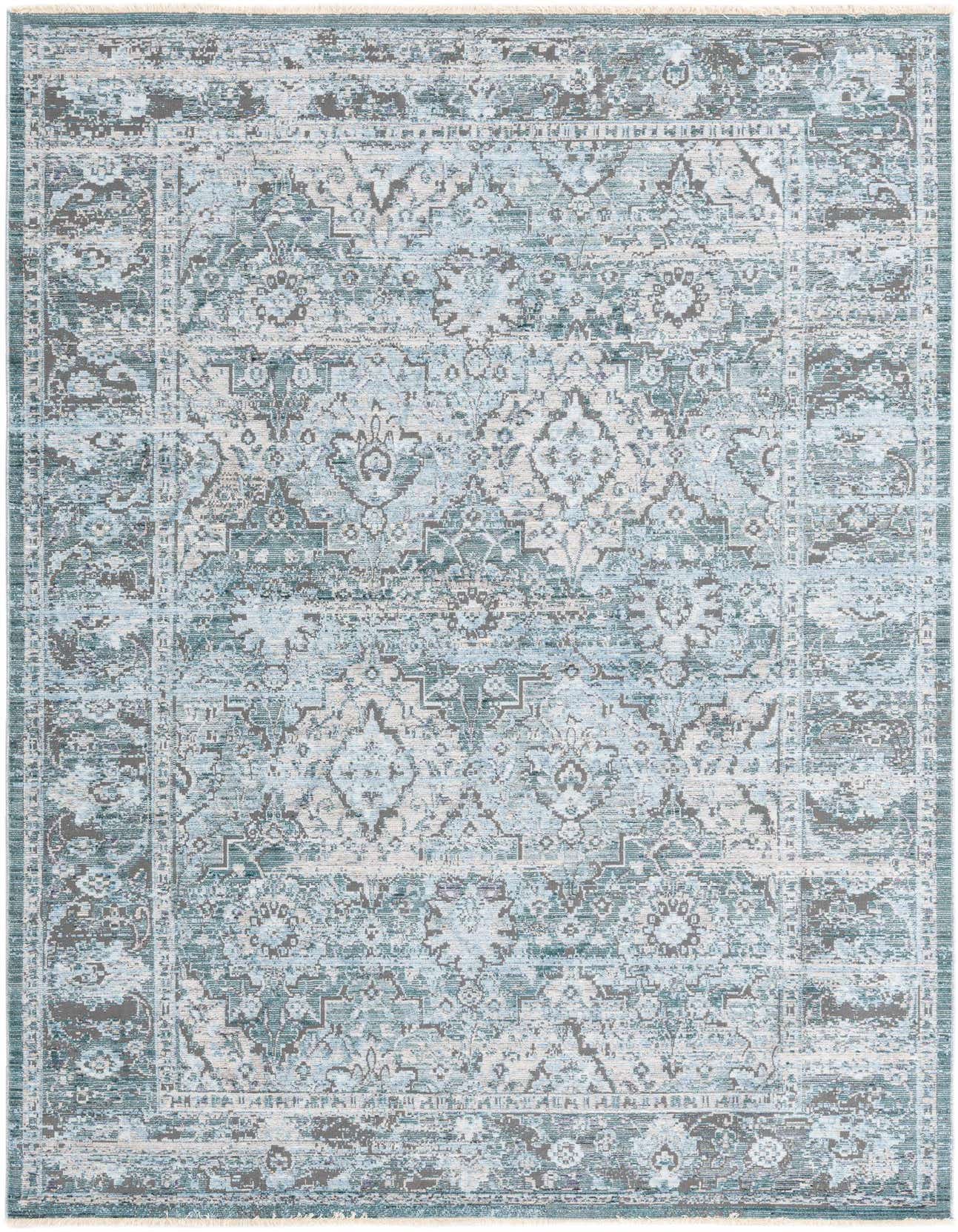 A 5x8 rectangular indoor area rug with a distressed traditional pattern in shades of gray, silver, and light blue.