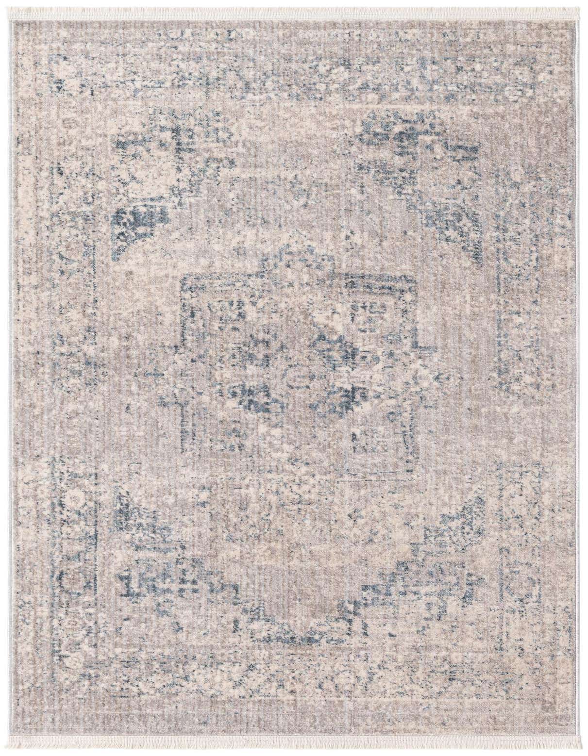 A 3x5 rectangular gray area rug with a faded traditional medallion pattern and short fringe.