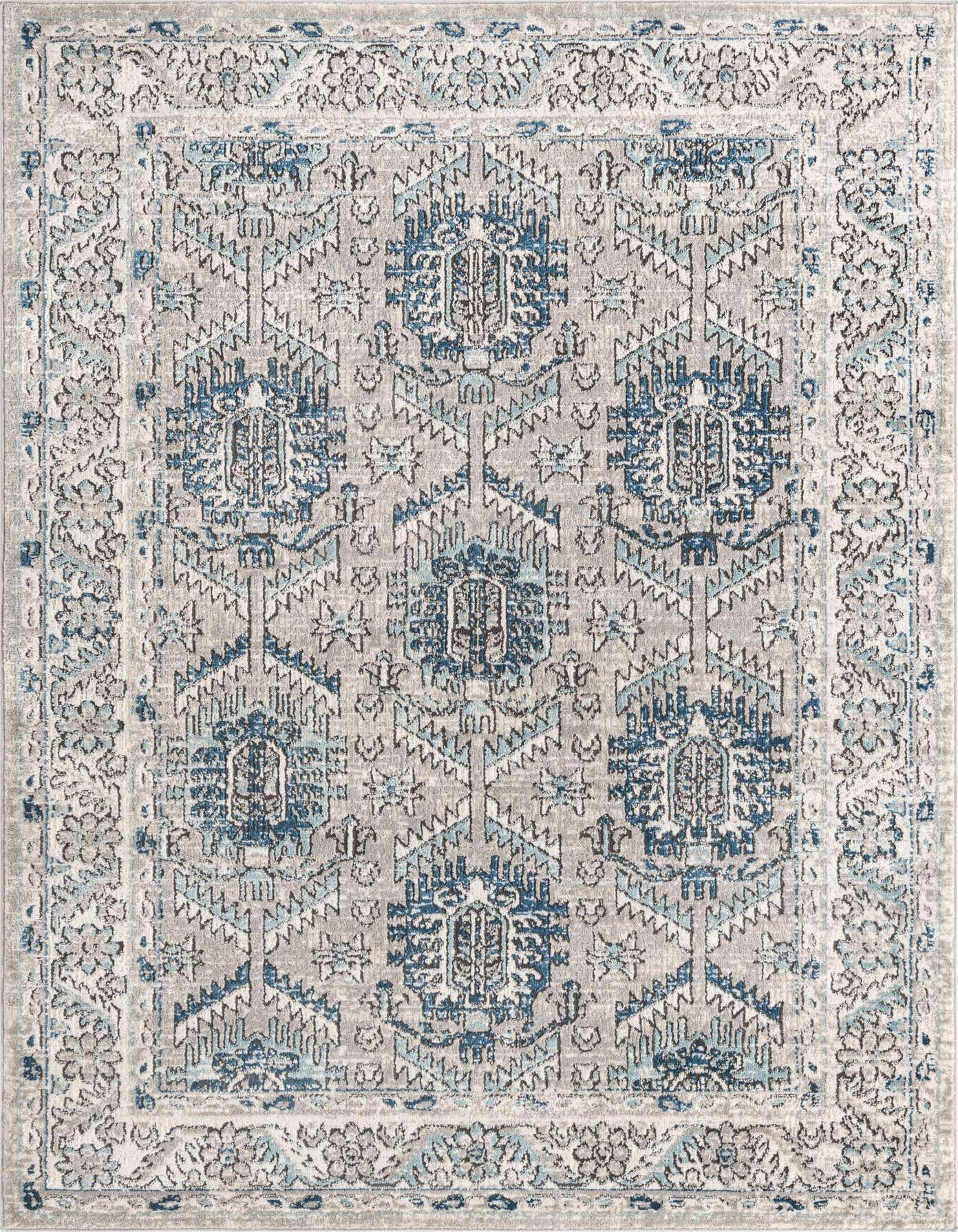 A 5x8 rectangular gray area rug with a vintage medallion pattern in shades of blue and silver, featuring a textured high-low pile.