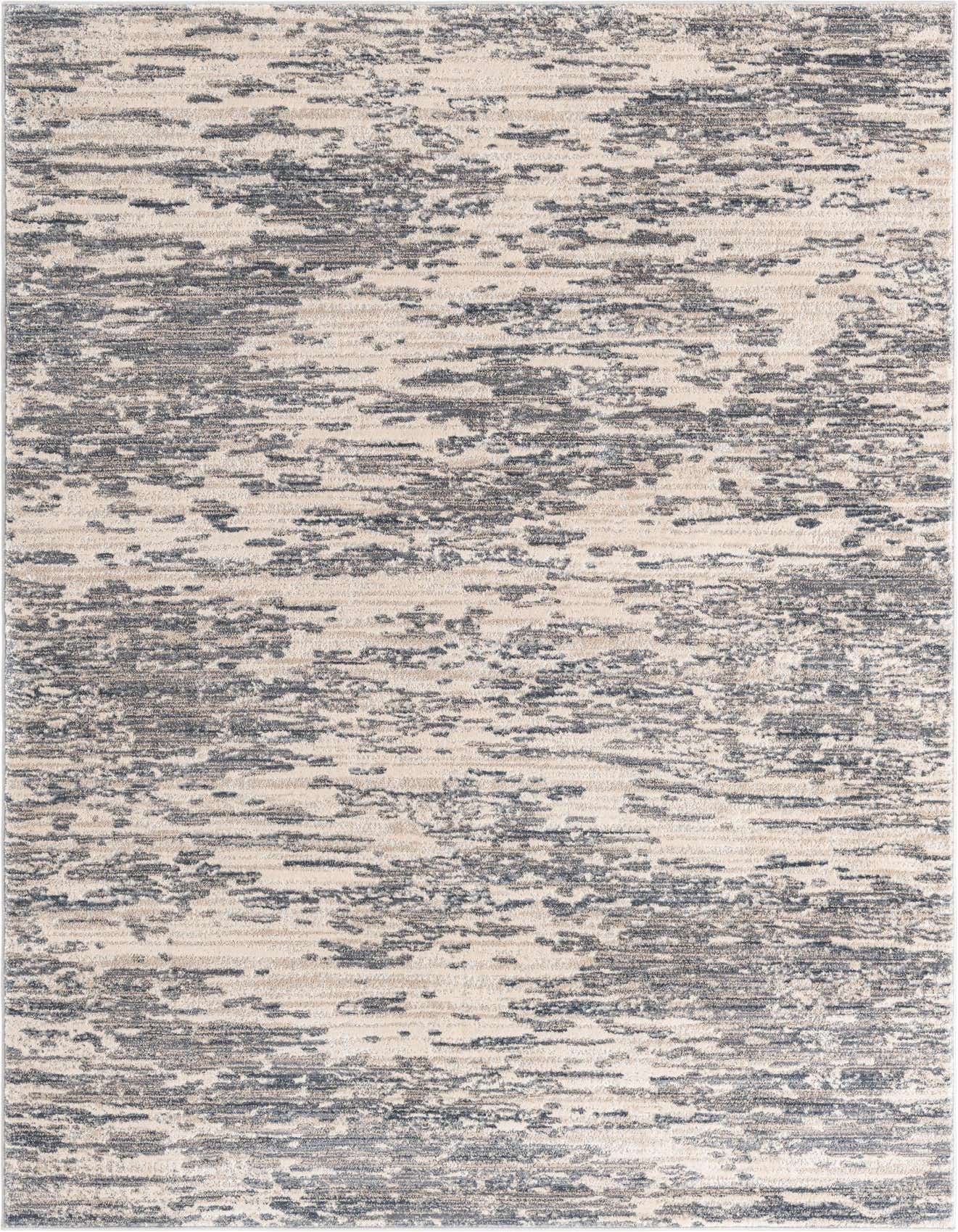 A 6x9 rectangular gray and beige abstract rug with a textured, modern coastal pattern, suitable for a living room or office.