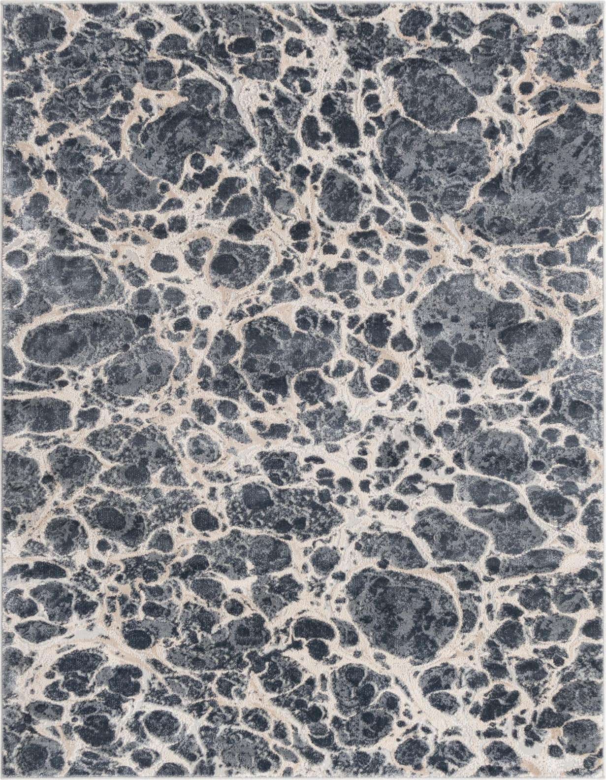 A 5x8 rectangular gray and silver abstract rug with a textured, organic pattern, suitable for a modern living room.